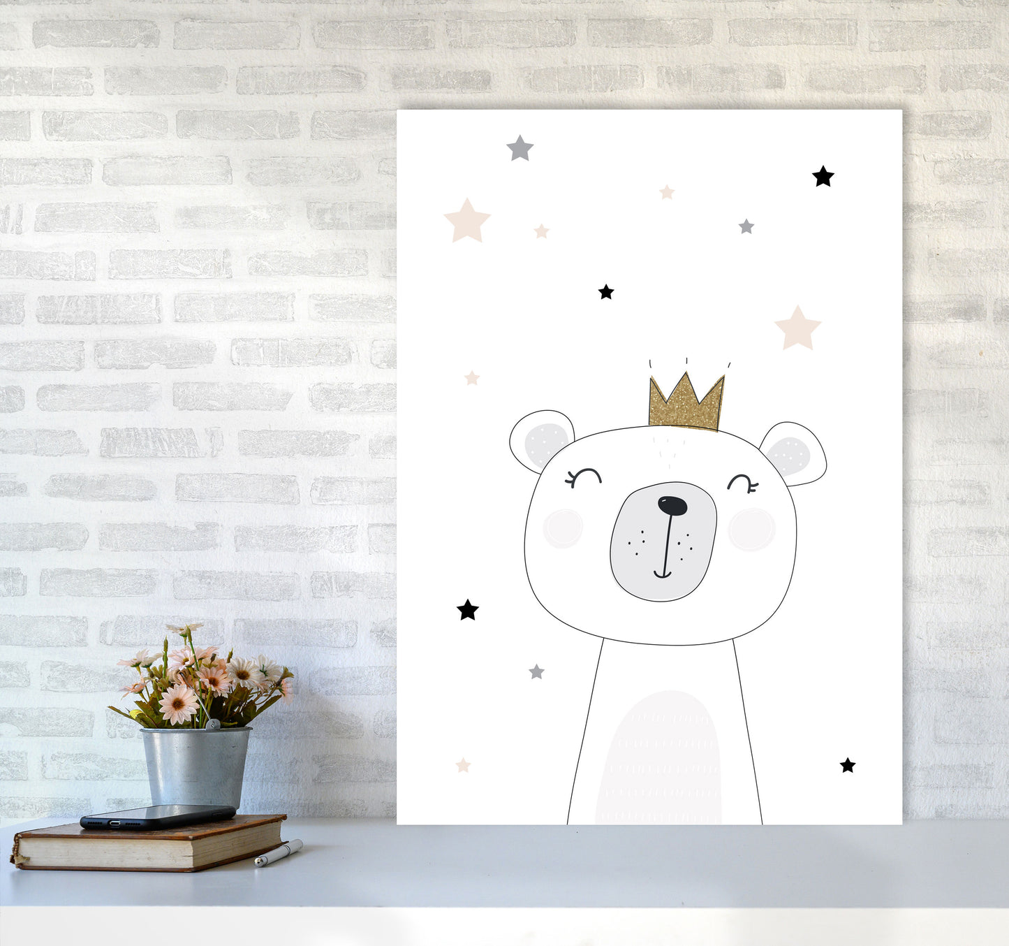 Scandi Cute Bear With Crown And Stars Print, Framed Childrens Wall Art A1 Black Frame