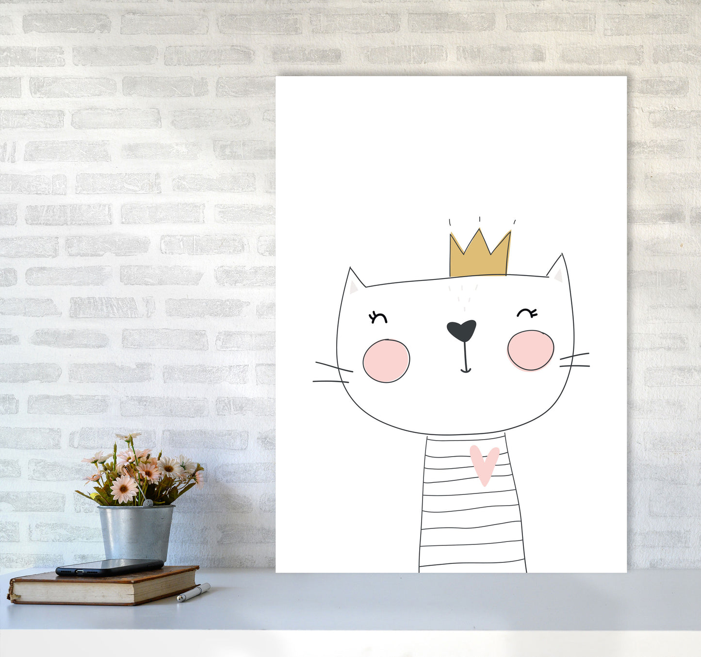 Scandi Cute Cat With Crown Framed Nursey Wall Art Print A1 Black Frame