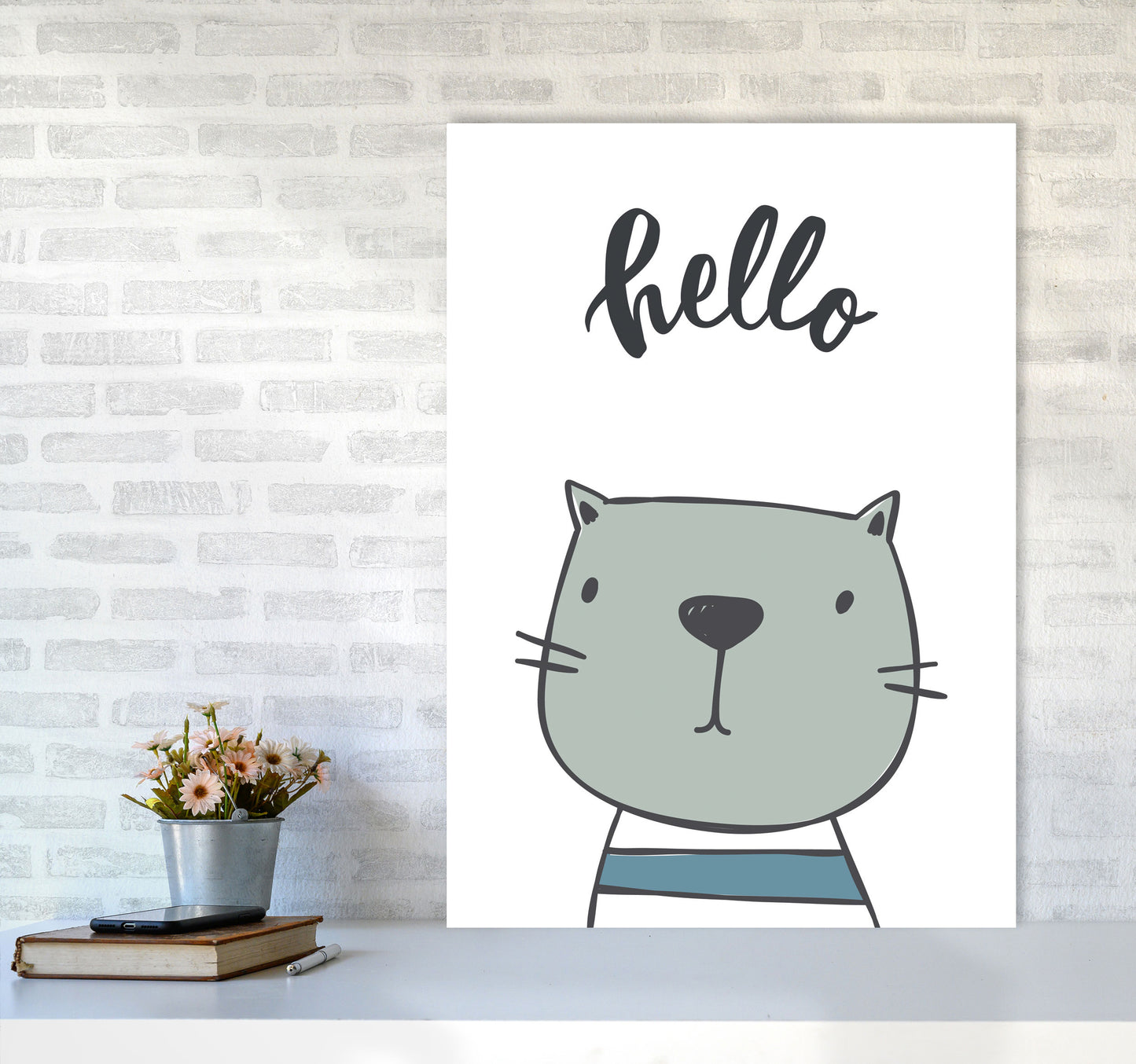 Hello Cat Modern Print Animal Art Print A1 Black Frame
