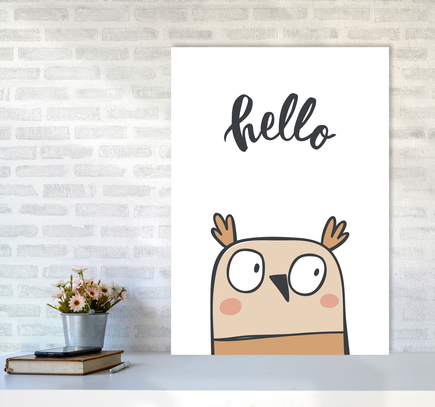Hello Owl Modern Print Animal Art Print A1 Black Frame