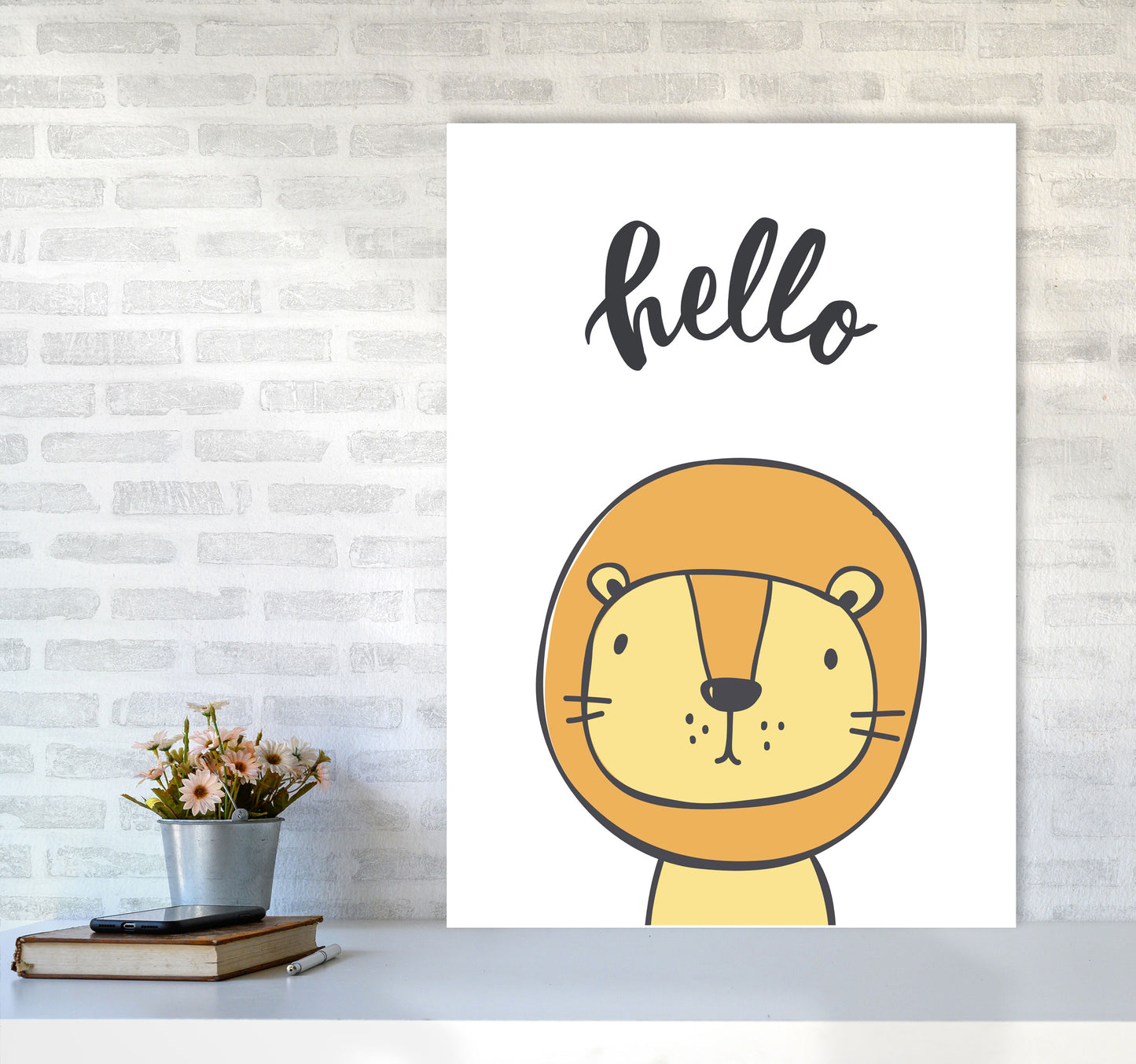 Hello Lion Modern Print Animal Art Print A1 Black Frame