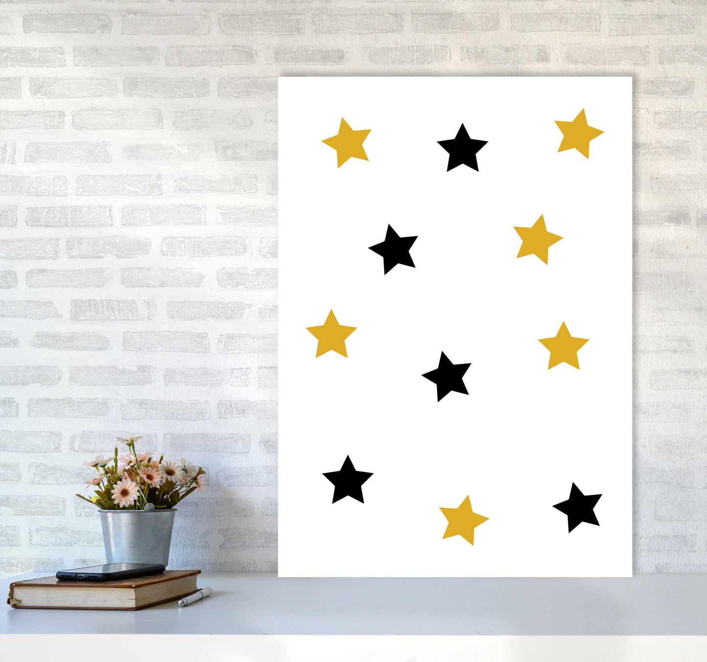 Mustard And Black Stars Modern Print A1 Black Frame
