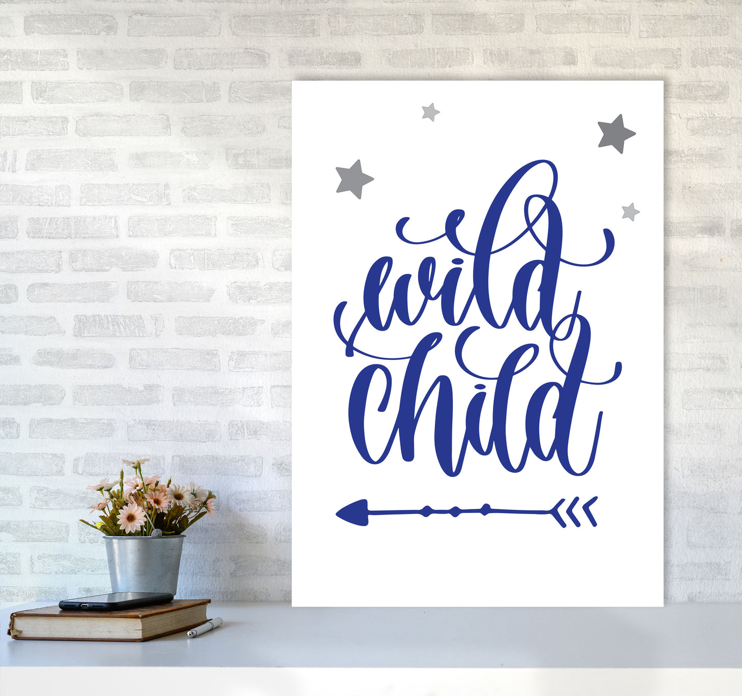 Wild Child Navy Framed Nursey Wall Art Print A1 Black Frame