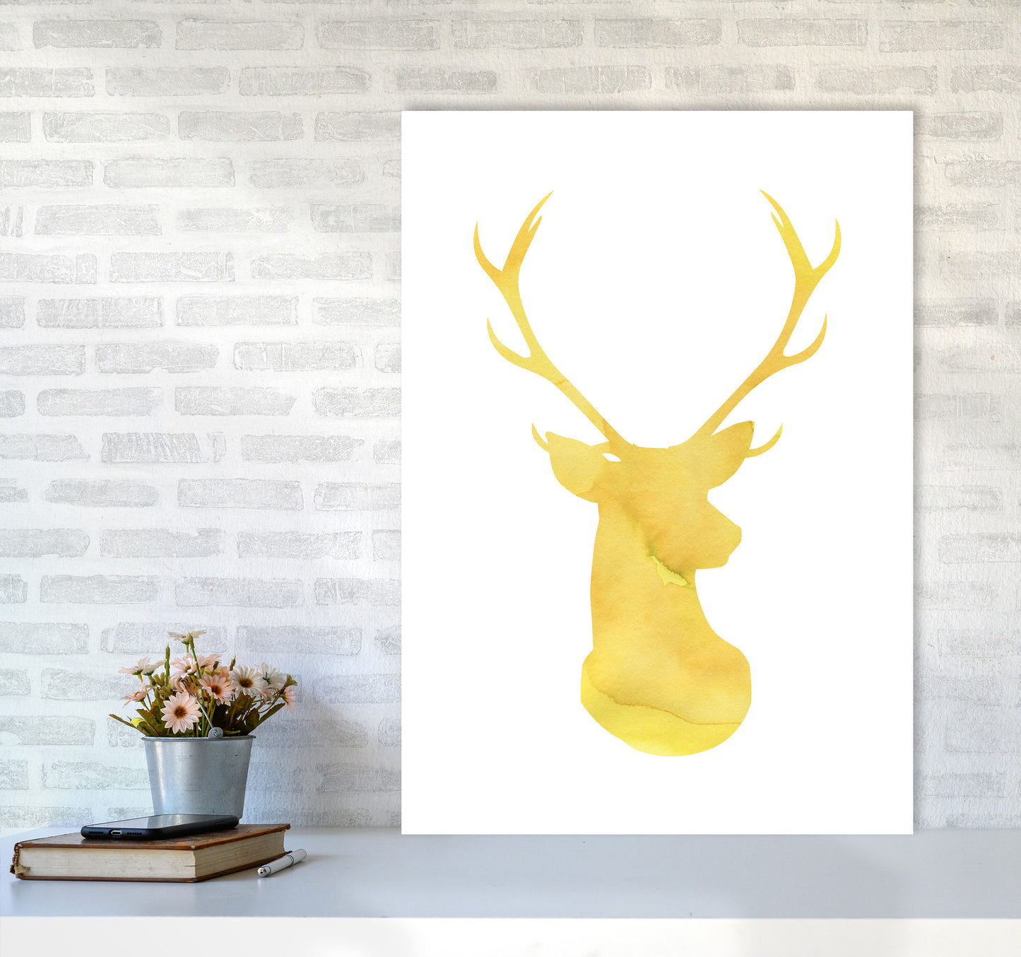 Stags Head Watercolour Modern Print Animal Art Print A1 Black Frame