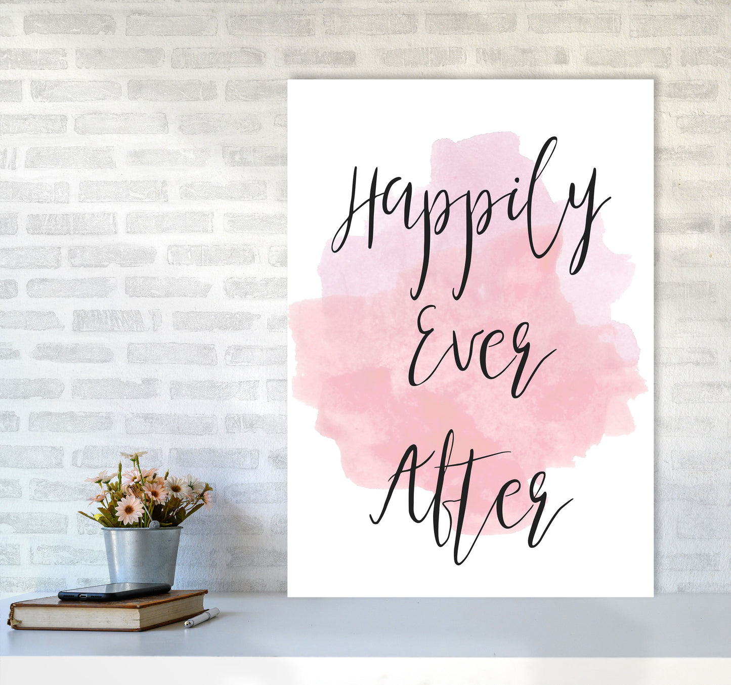 Happily Ever After Pink Watercolour Modern Print A1 Black Frame