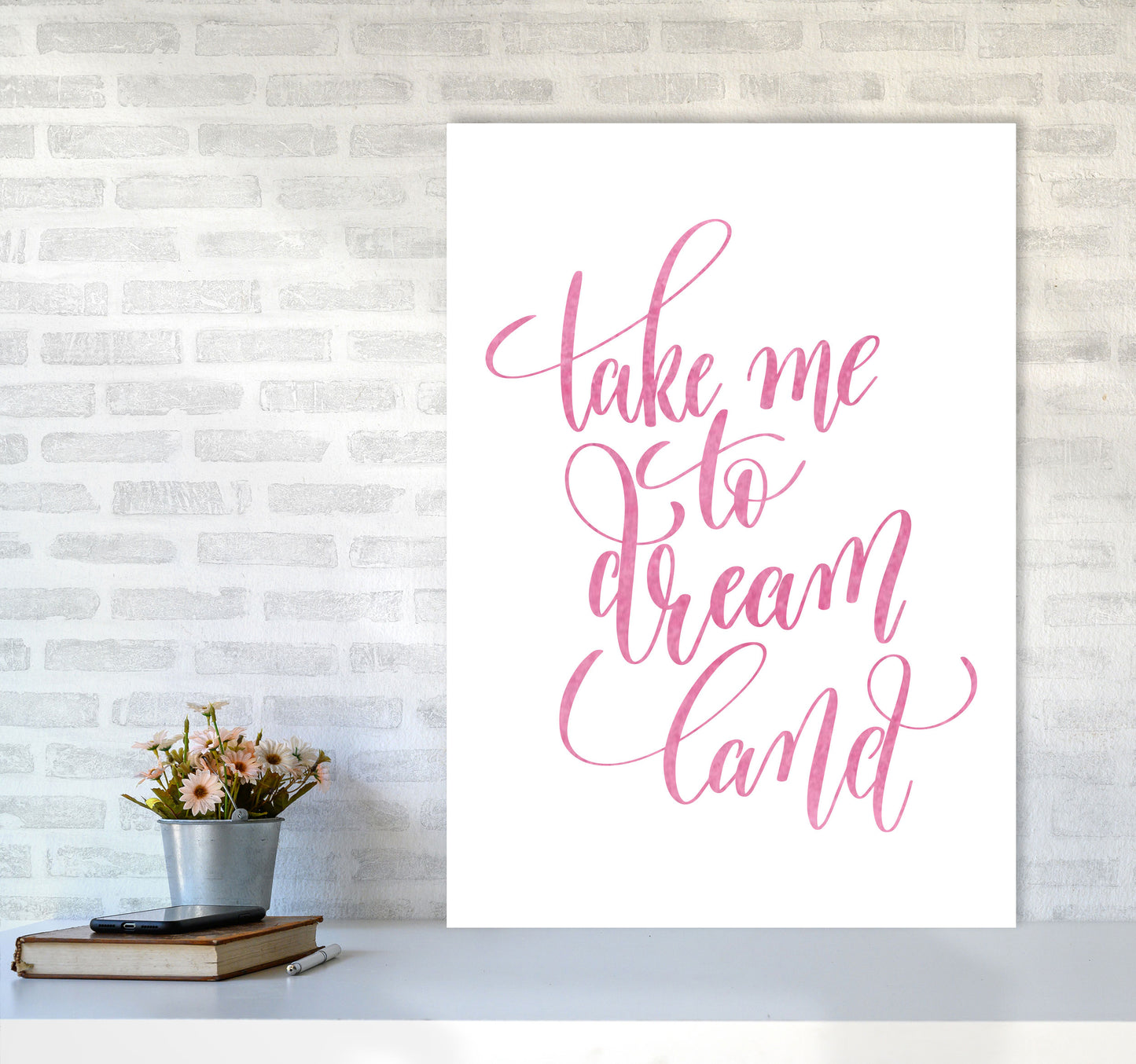 Take Me To Dreamland Pink Watercolour Modern Print A1 Black Frame
