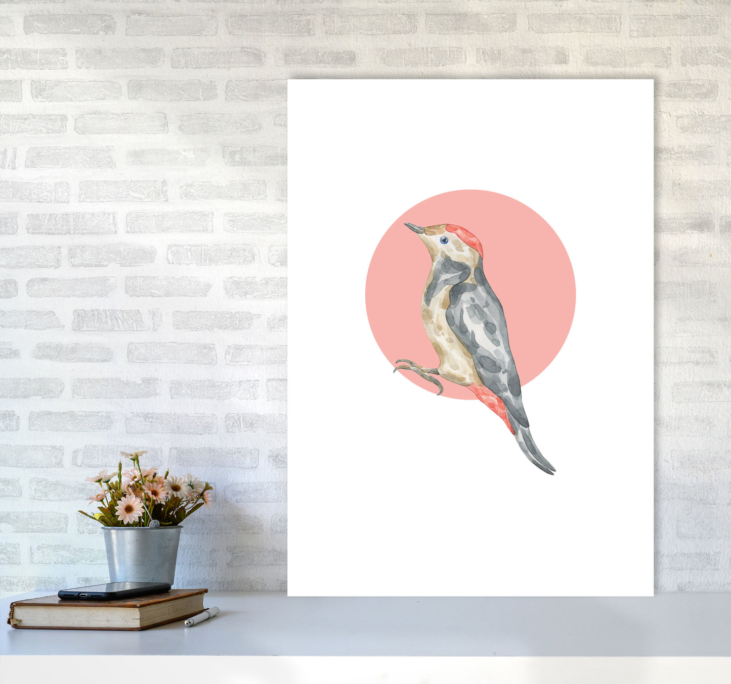 Watercolour Bird With Red Circle Modern Print Animal Art Print A1 Black Frame