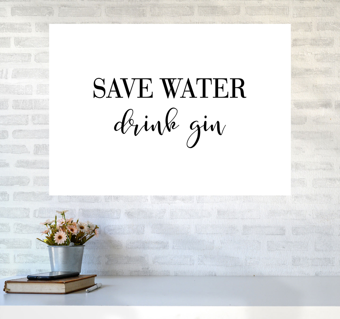 Save Water Drink Gin Modern Print, Framed Kitchen Wall Art A1 Black Frame