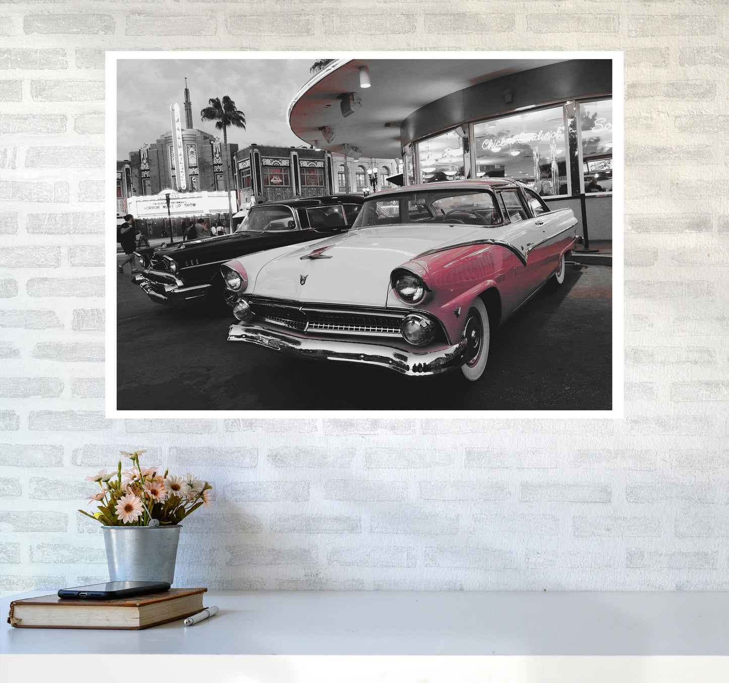 Vintage Pink And White Car Modern Print A1 Black Frame