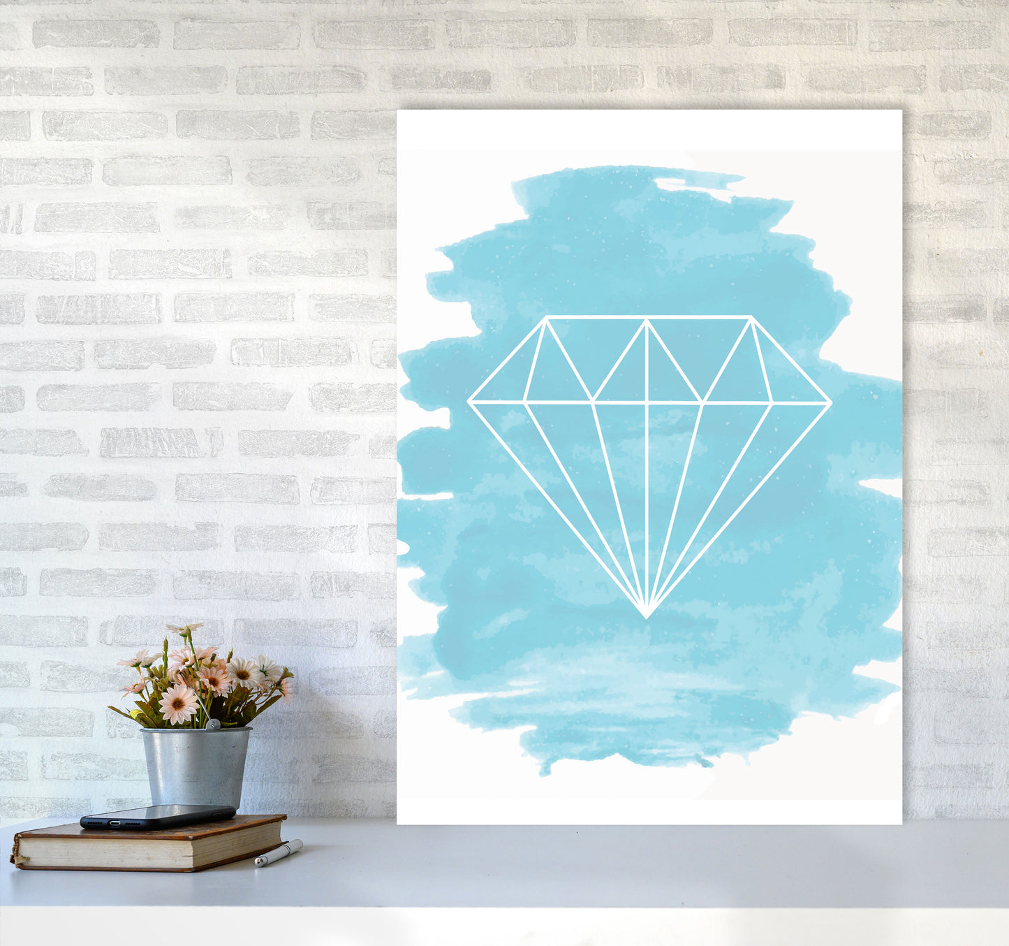 Geo Diamond Light Blue Watercolour Modern Print A1 Black Frame