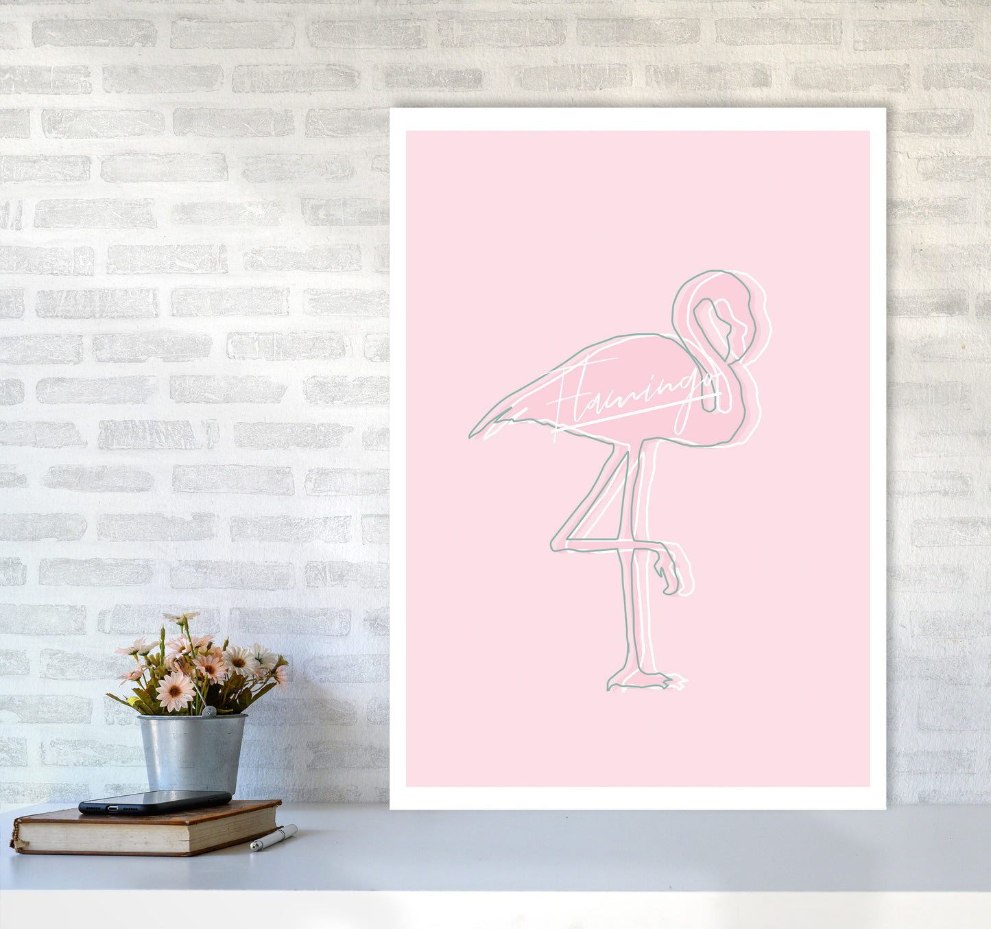 Pink Flamingo Modern Print Animal Art Print A1 Black Frame