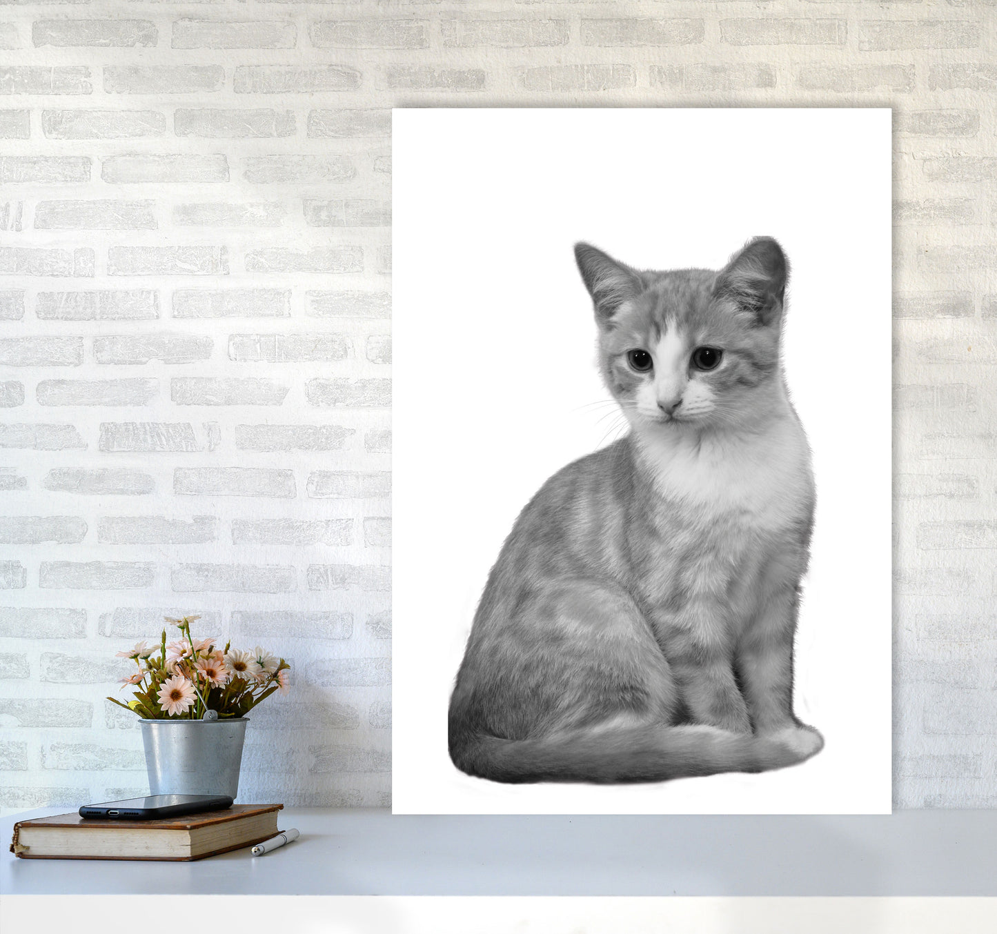 Black And White Cat Modern Print Animal Art Print A1 Black Frame