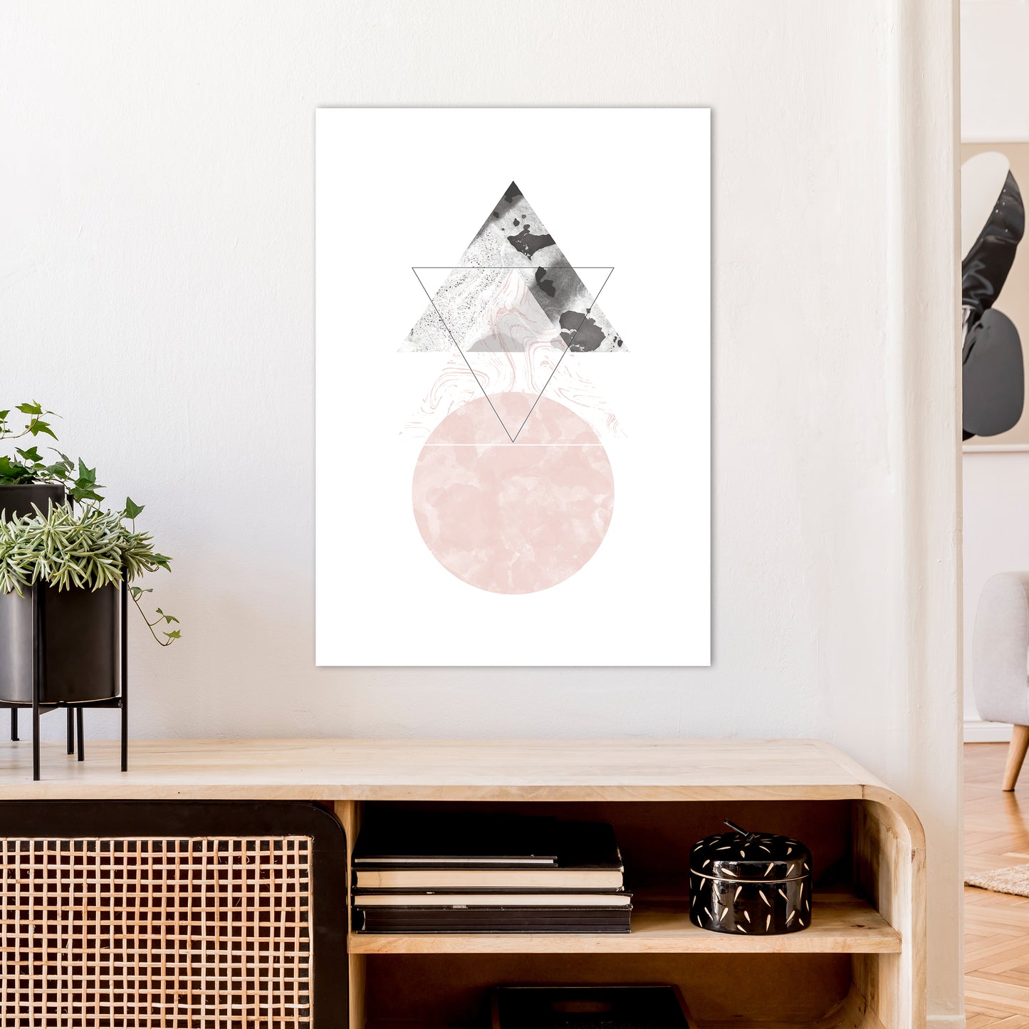 Marble Triangle And Circle Black And Pink Abstract Art Print by Pixy Paper A1 Black Frame