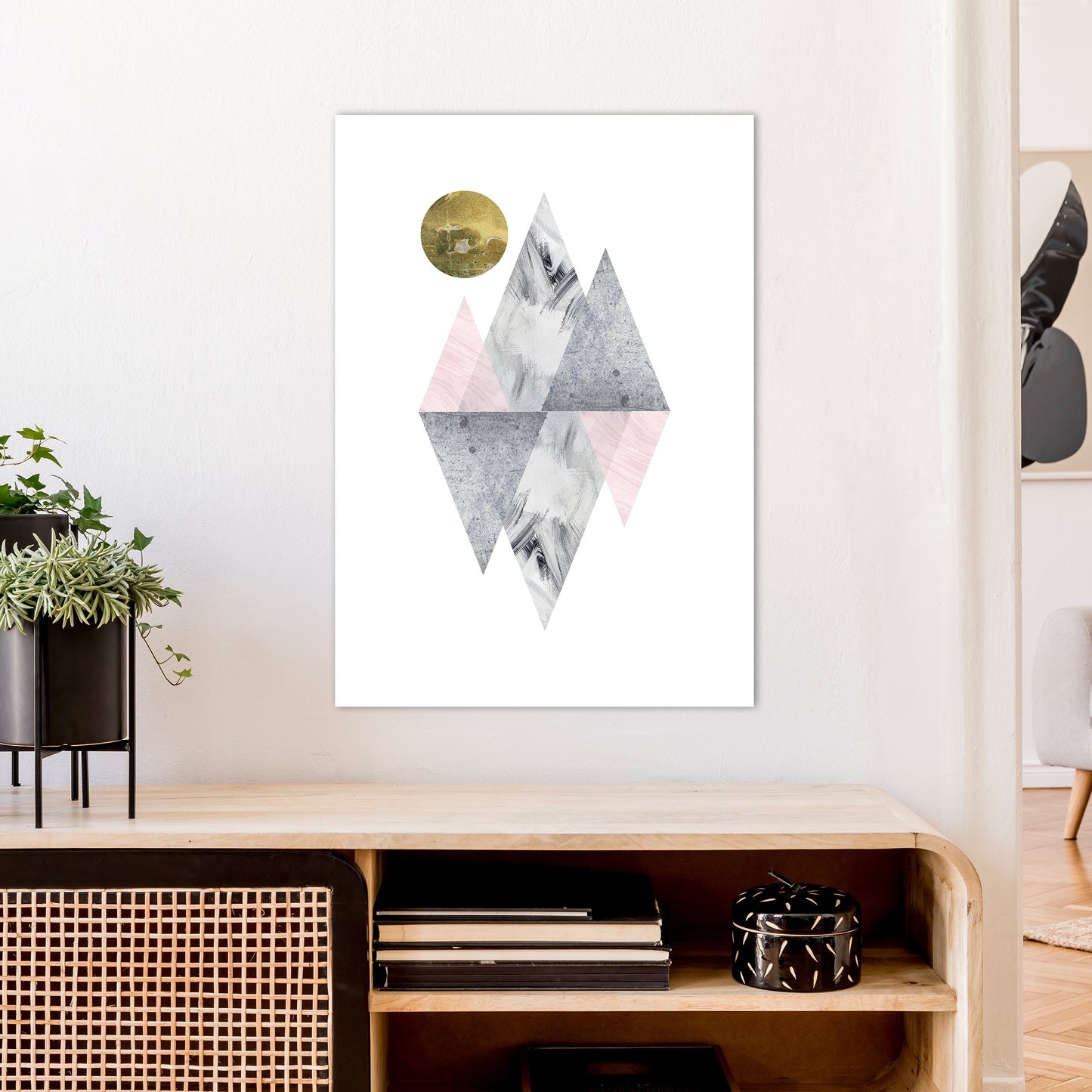 Luna Pink And Grey Diamonds With Gold Moon Art Print by Pixy Paper A1 Black Frame