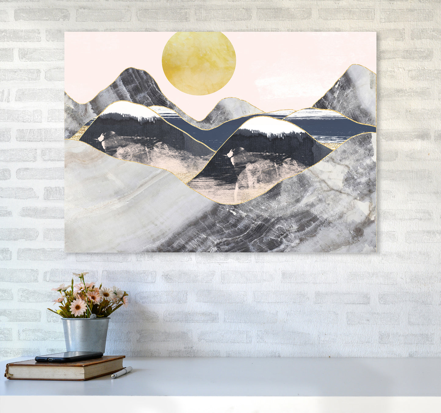 Gold Moon Navy Marble Mountains Landscape Art Print by Pixy Paper A1 Black Frame