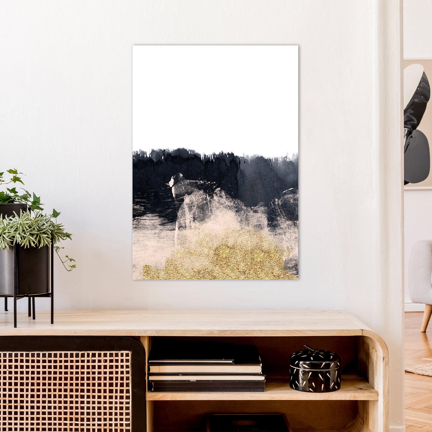 Lux Half Navy And Gold Paint Strokes Art Print by Pixy Paper A1 Black Frame
