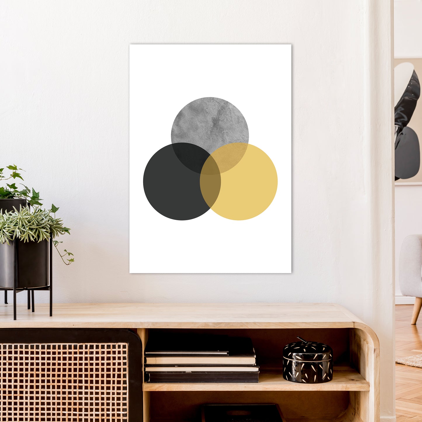 Geometric Mustard And Black Circles Art Print by Pixy Paper A1 Black Frame
