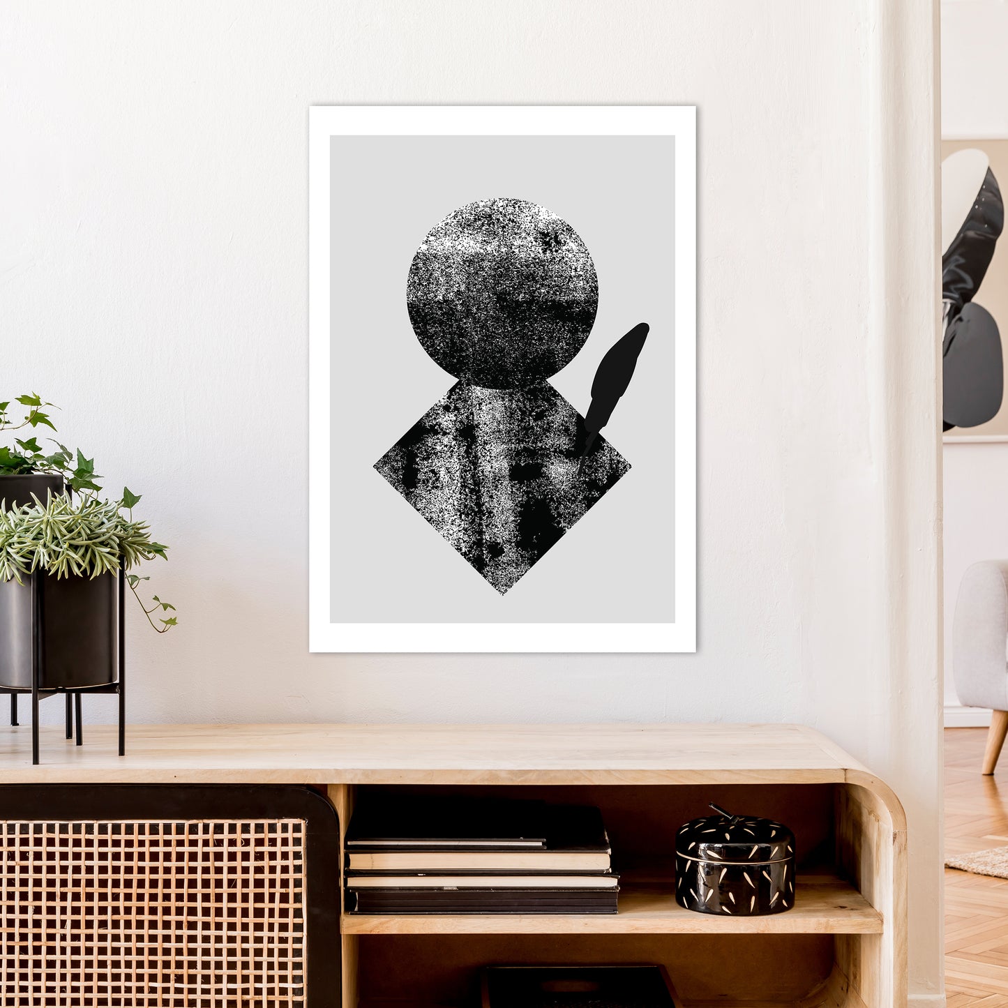 Graffiti Black And Grey Circle Leaf Art Print by Pixy Paper A1 Black Frame