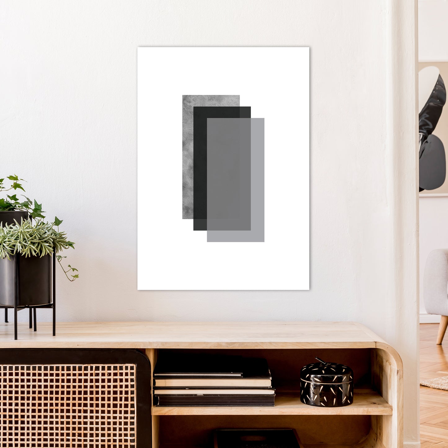 Geometric Grey And Black Rectangles Art Print by Pixy Paper A1 Black Frame