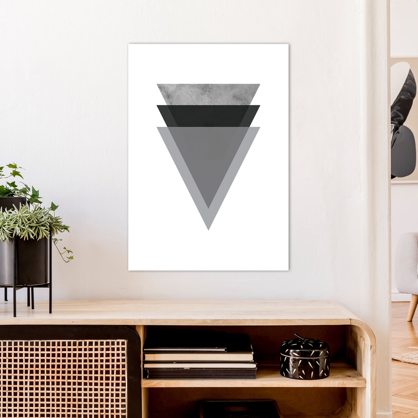 Geometric Grey And Black Triangles Art Print by Pixy Paper A1 Black Frame