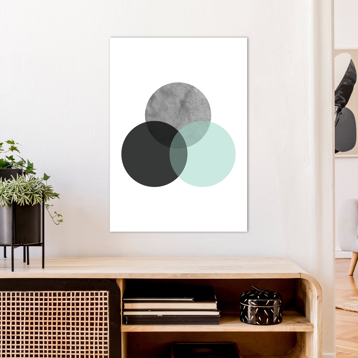 Geometric Mint And Black Circles Art Print by Pixy Paper A1 Black Frame