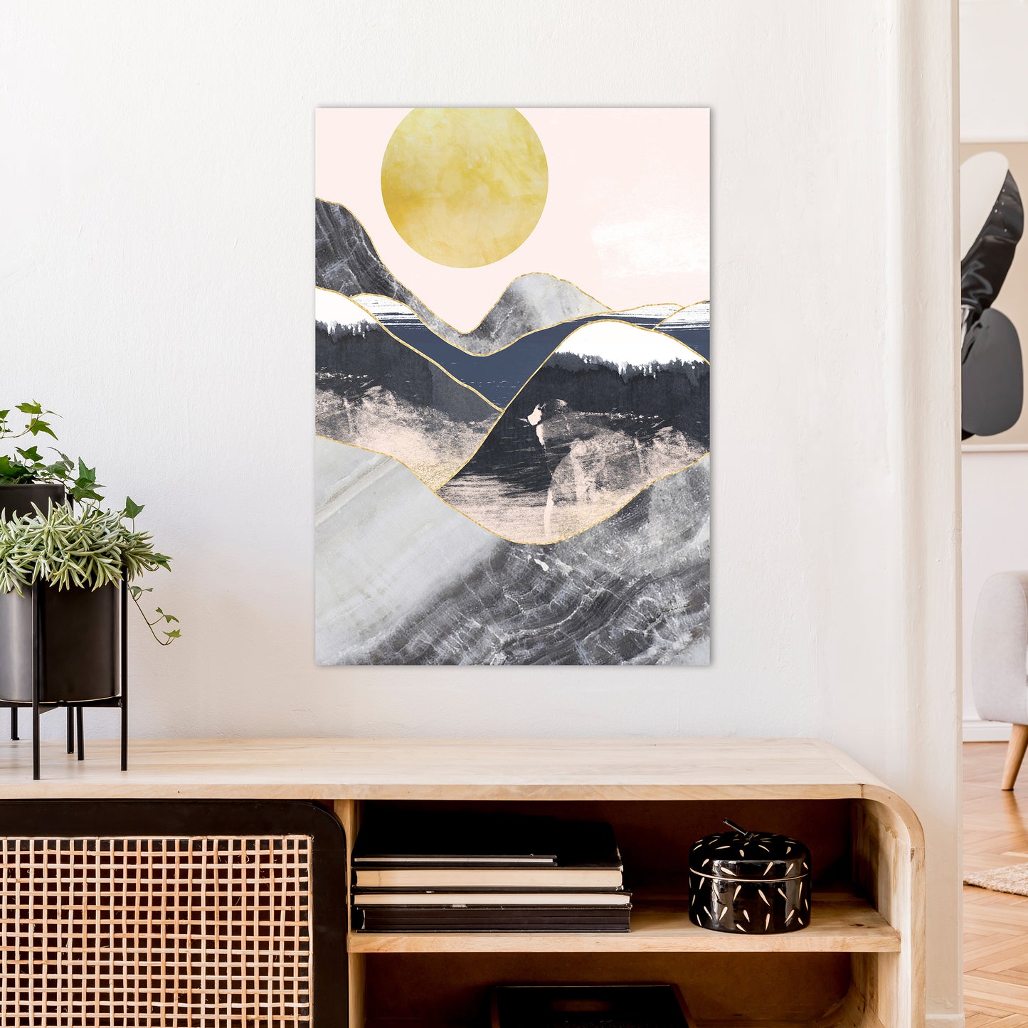 Gold Moon Navy Marble Mountains Art Print by Pixy Paper A1 Black Frame