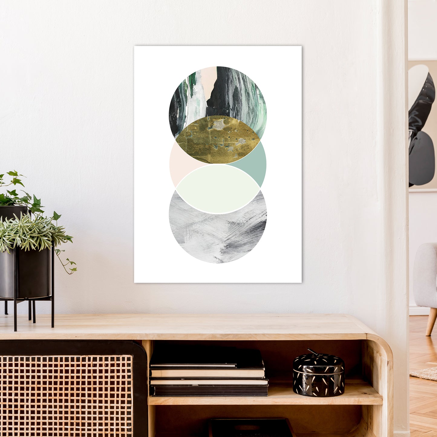 Green Marble Circles Abstract Art Print by Pixy Paper A1 Black Frame