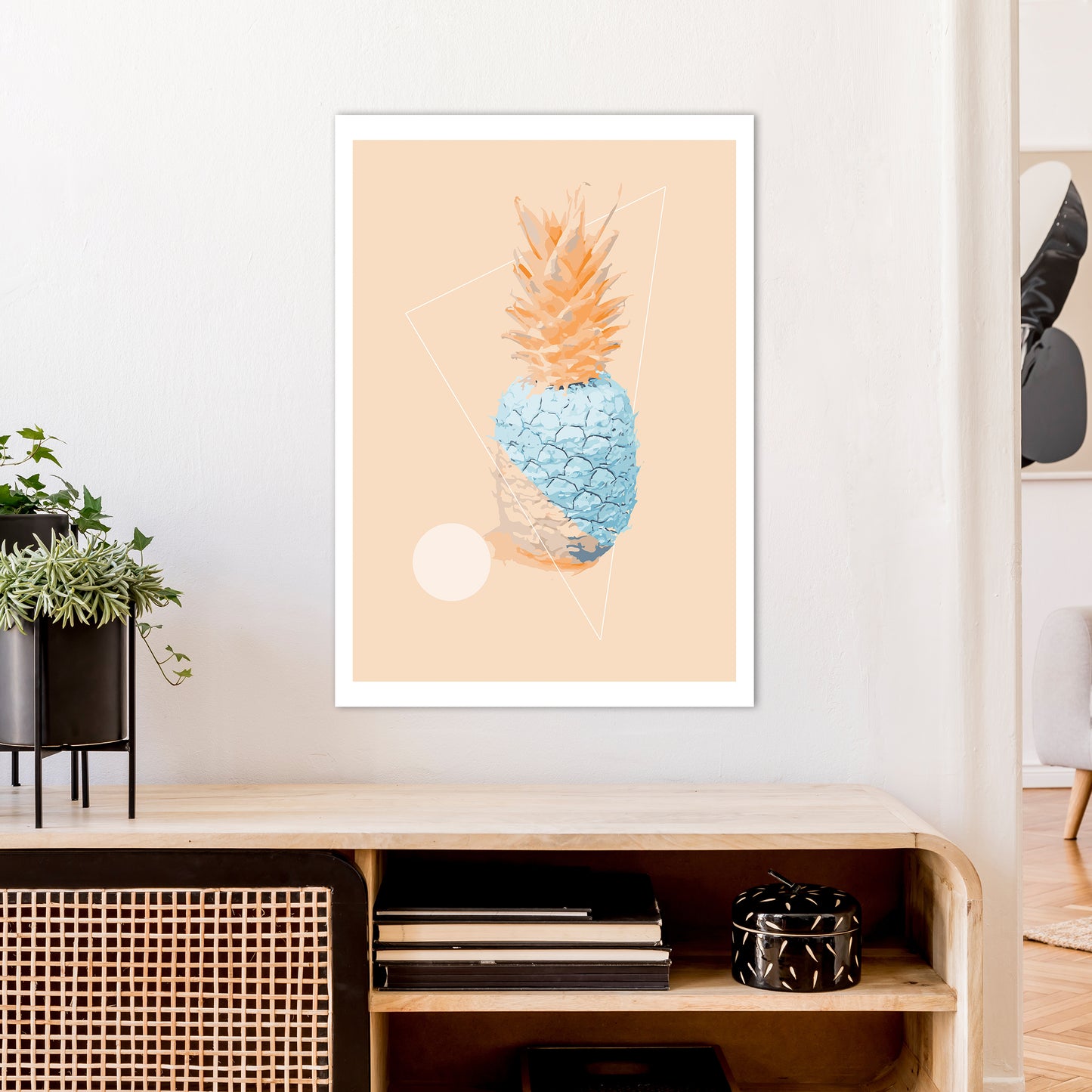 Pineapple In Blue With Peach Art Print by Pixy Paper A1 Black Frame