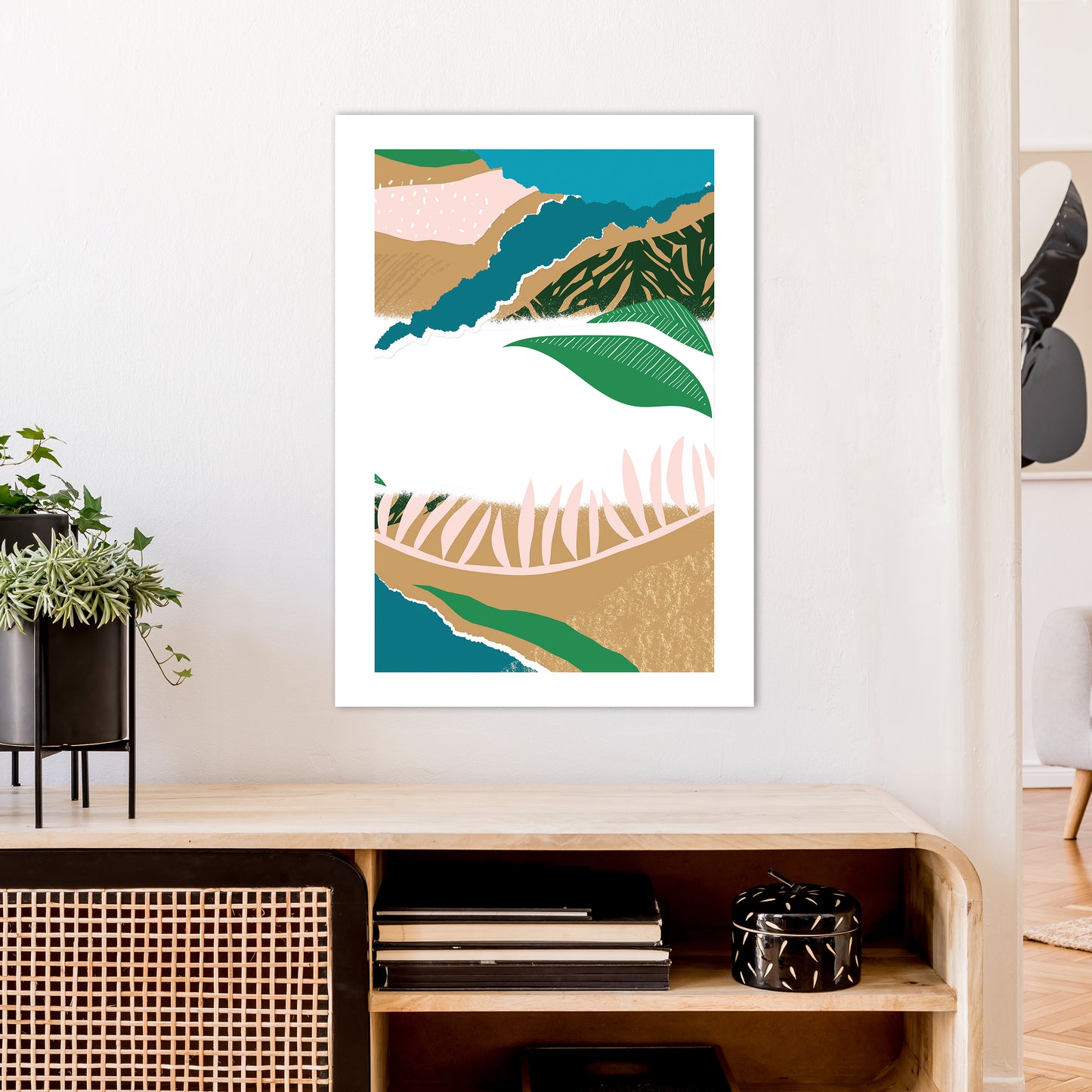 White Mixed Jungle Abstract Art Print by Pixy Paper A1 Black Frame