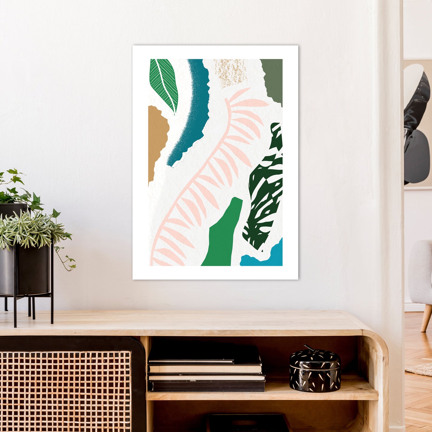 Pink Leaf Jungle Abstract Art Print by Pixy Paper A1 Black Frame