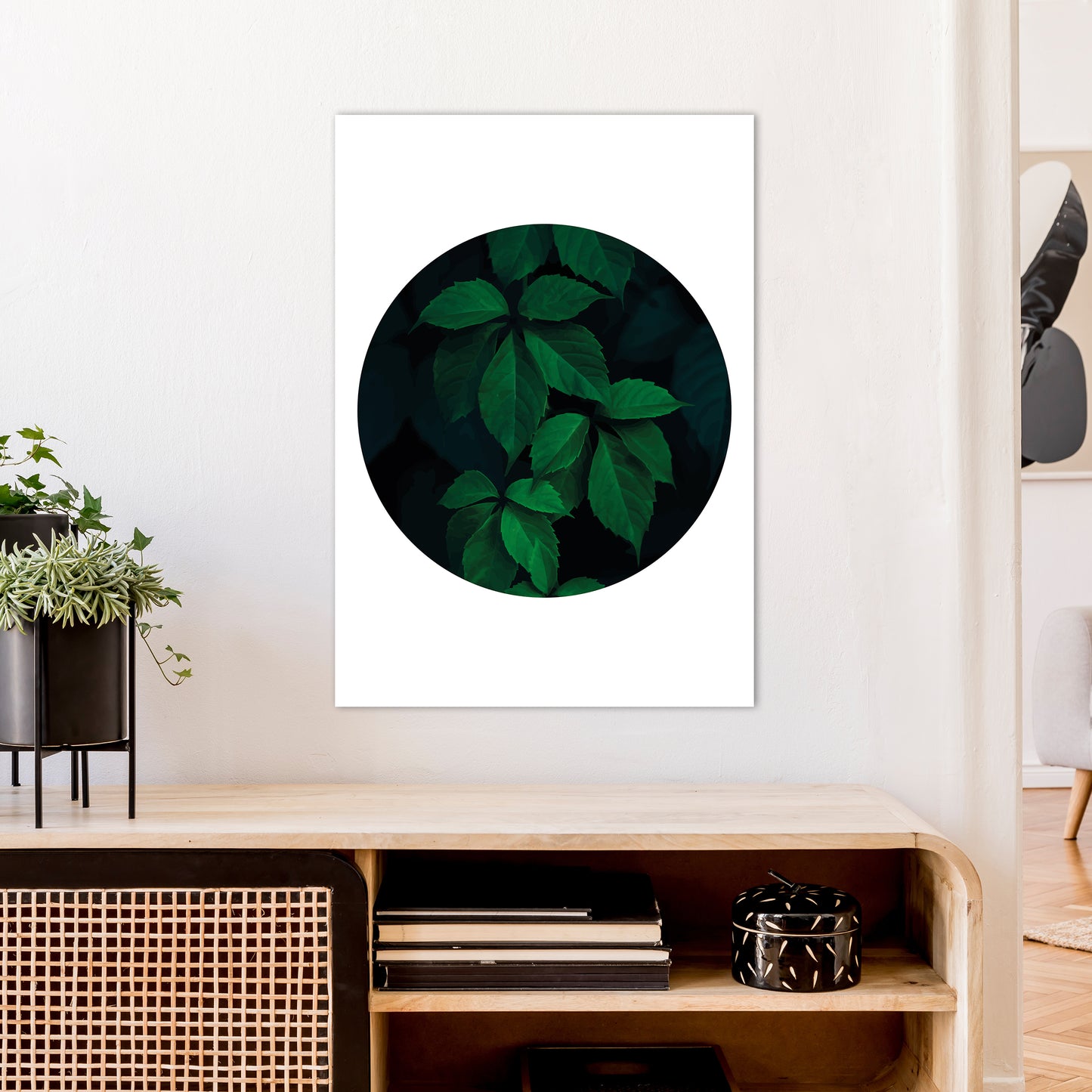 Deep Green Leaf Circle Art Print by Pixy Paper A1 Black Frame