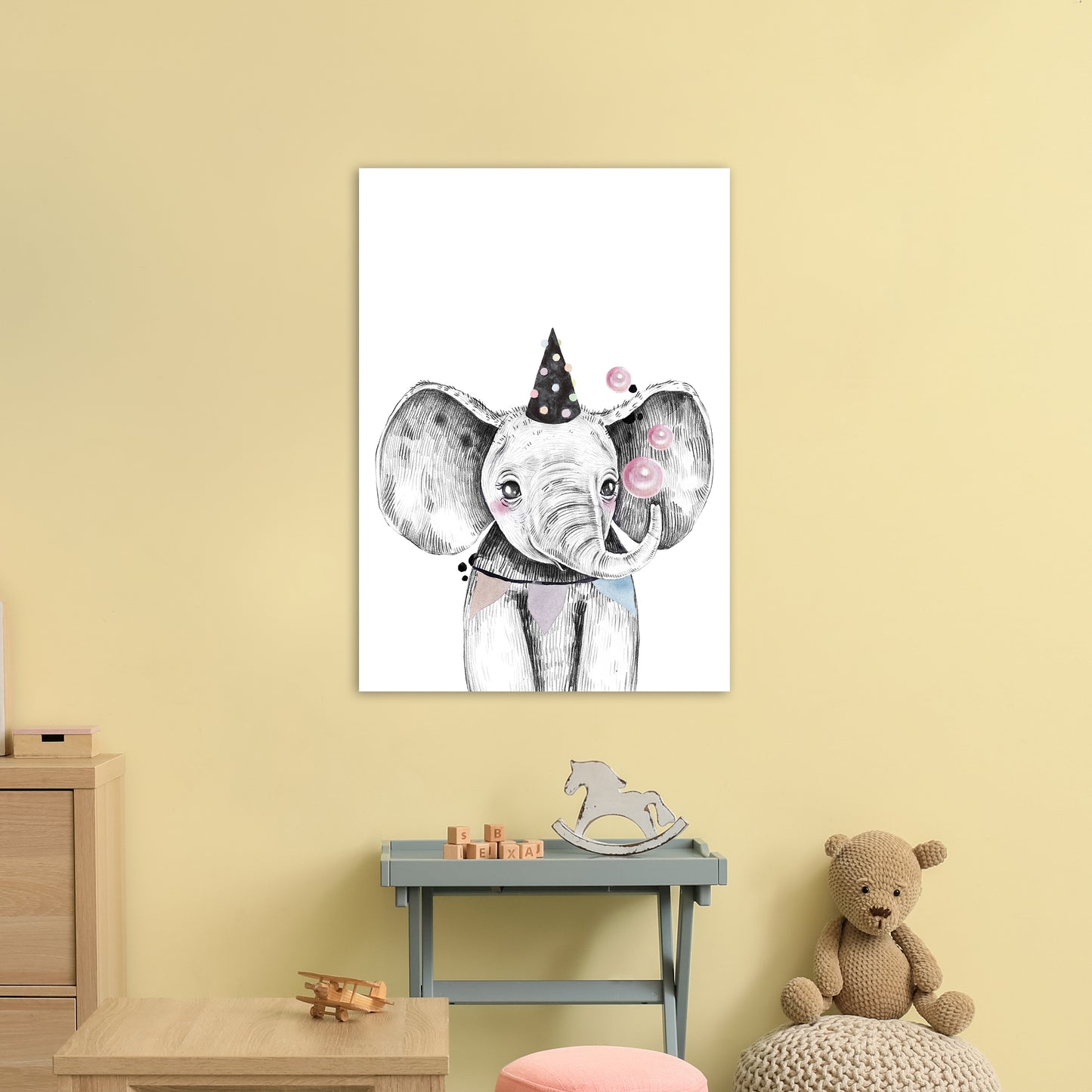 Safari Babies Elephant With Party Hat Art Print by Pixy Paper A1 Black Frame