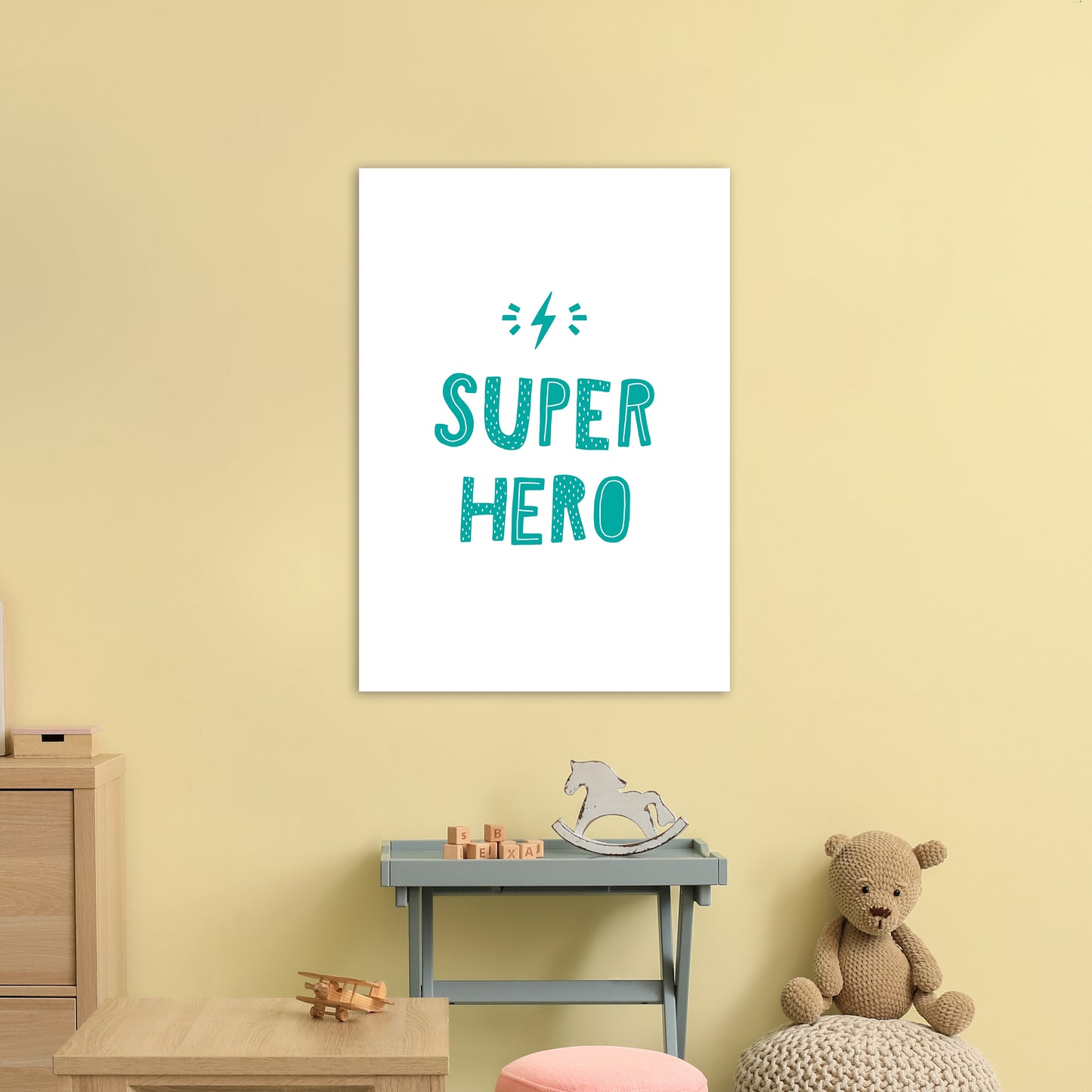 Super Hero Teal Super Scandi Art Print by Pixy Paper A1 Black Frame