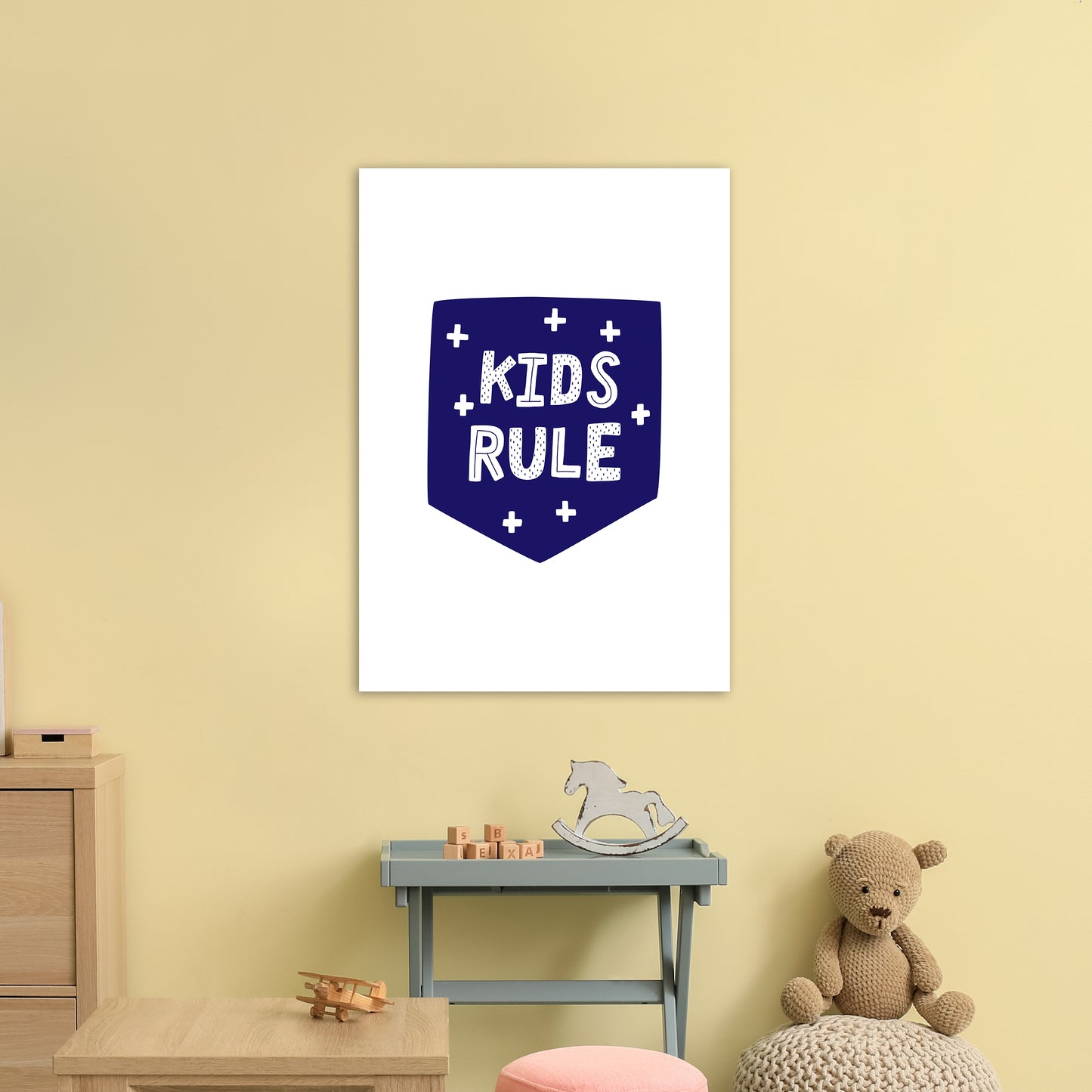 Kids Rule Navy Super Scandi Art Print by Pixy Paper A1 Black Frame