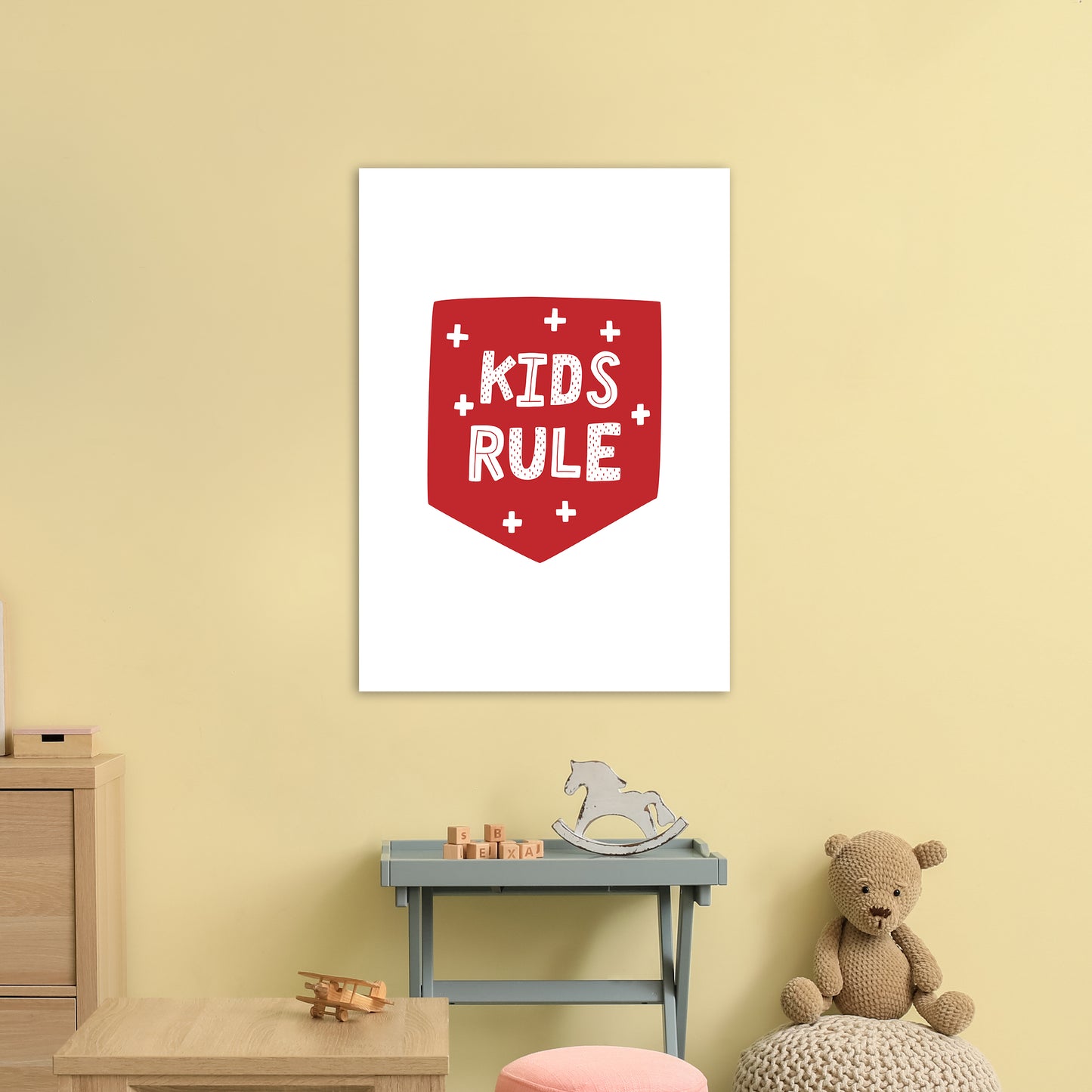 Kids Rule Red Super Scandi Art Print by Pixy Paper A1 Black Frame
