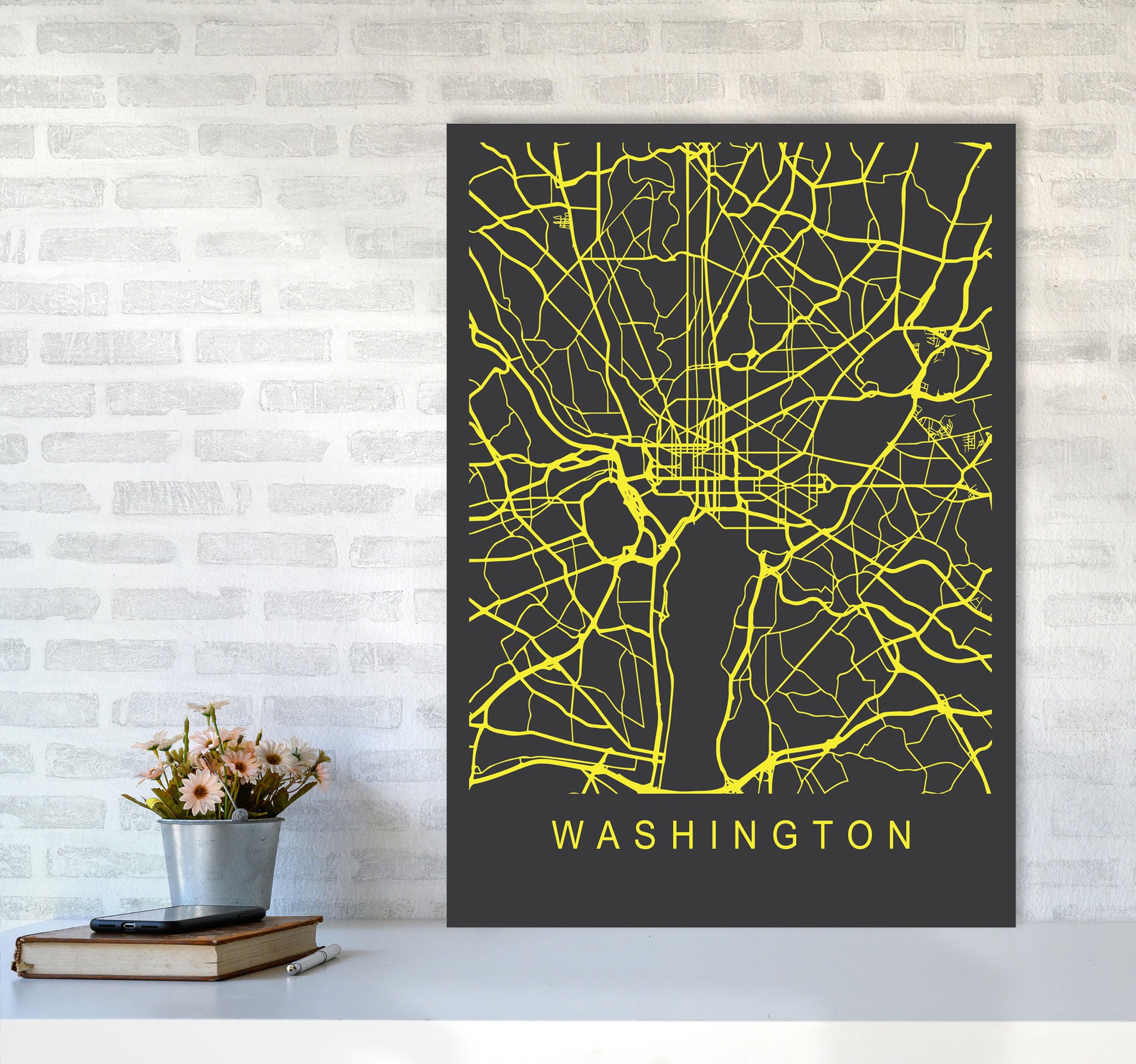 Washington Map Neon Art Print by Pixy Paper A1 Black Frame