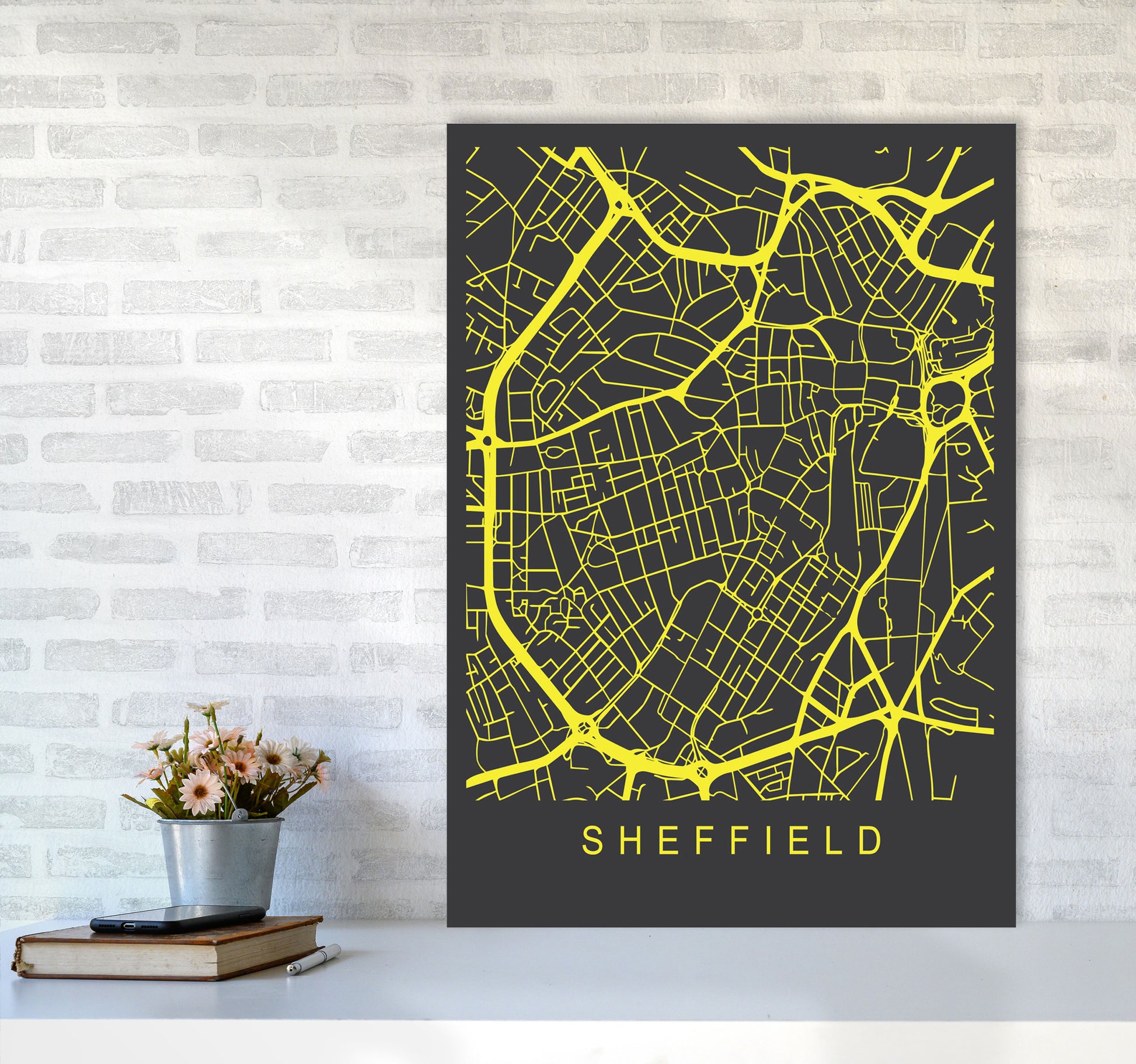 Sheffield Map Neon Art Print by Pixy Paper A1 Black Frame