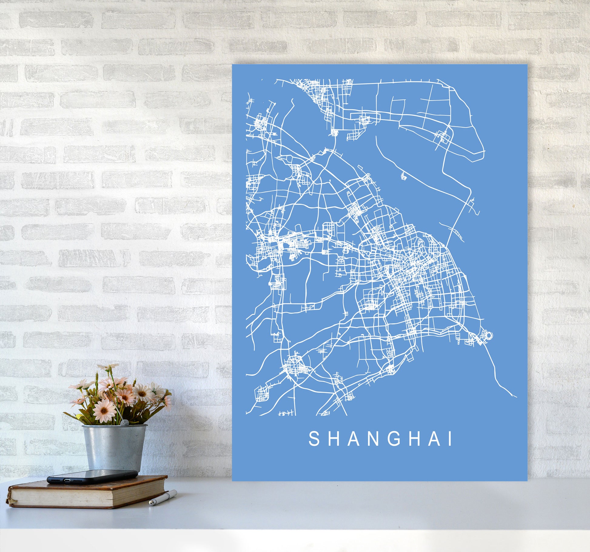 Shanghai Map Blueprint Art Print by Pixy Paper A1 Black Frame