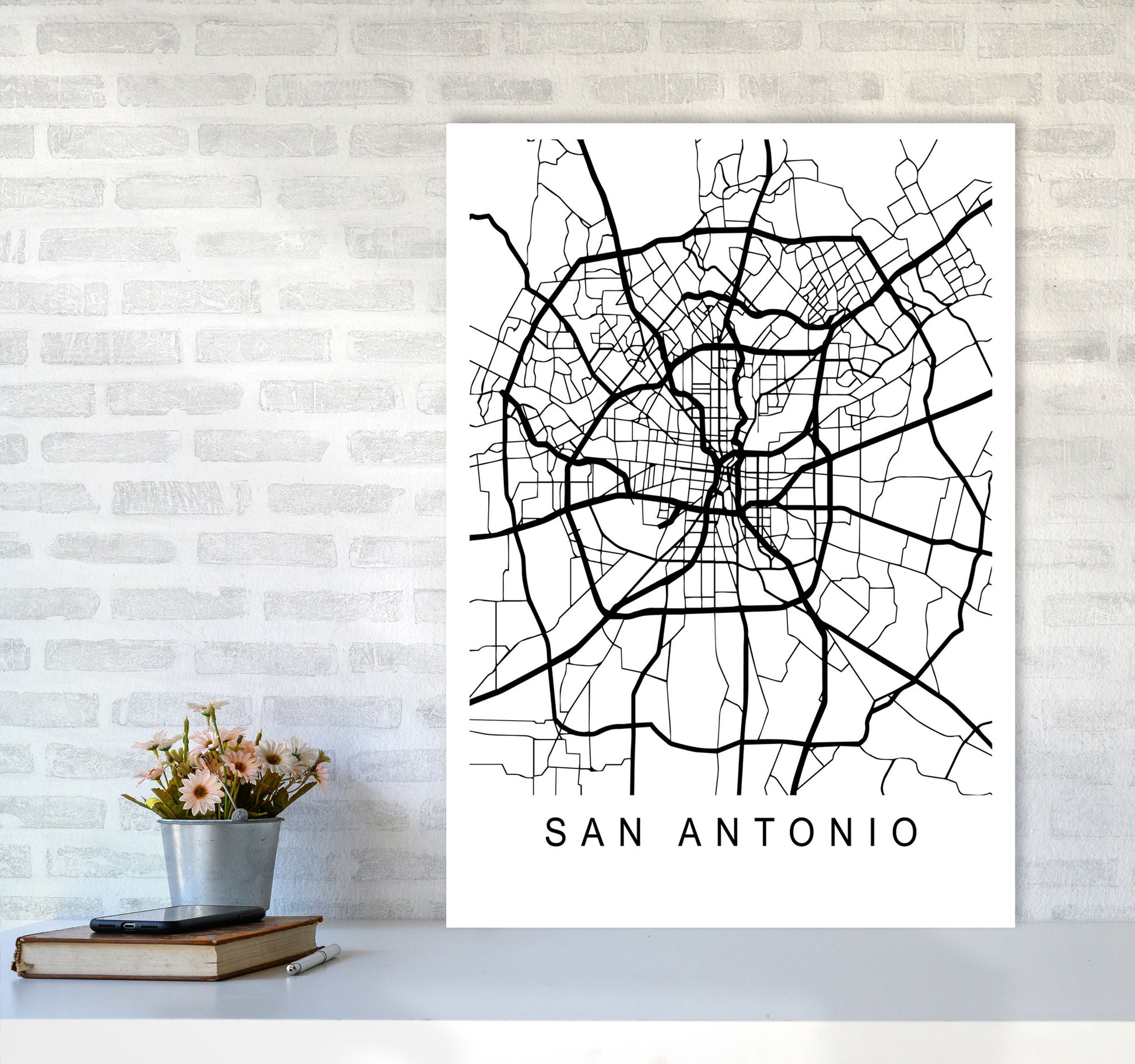 San Antonio Map Art Print by Pixy Paper A1 Black Frame
