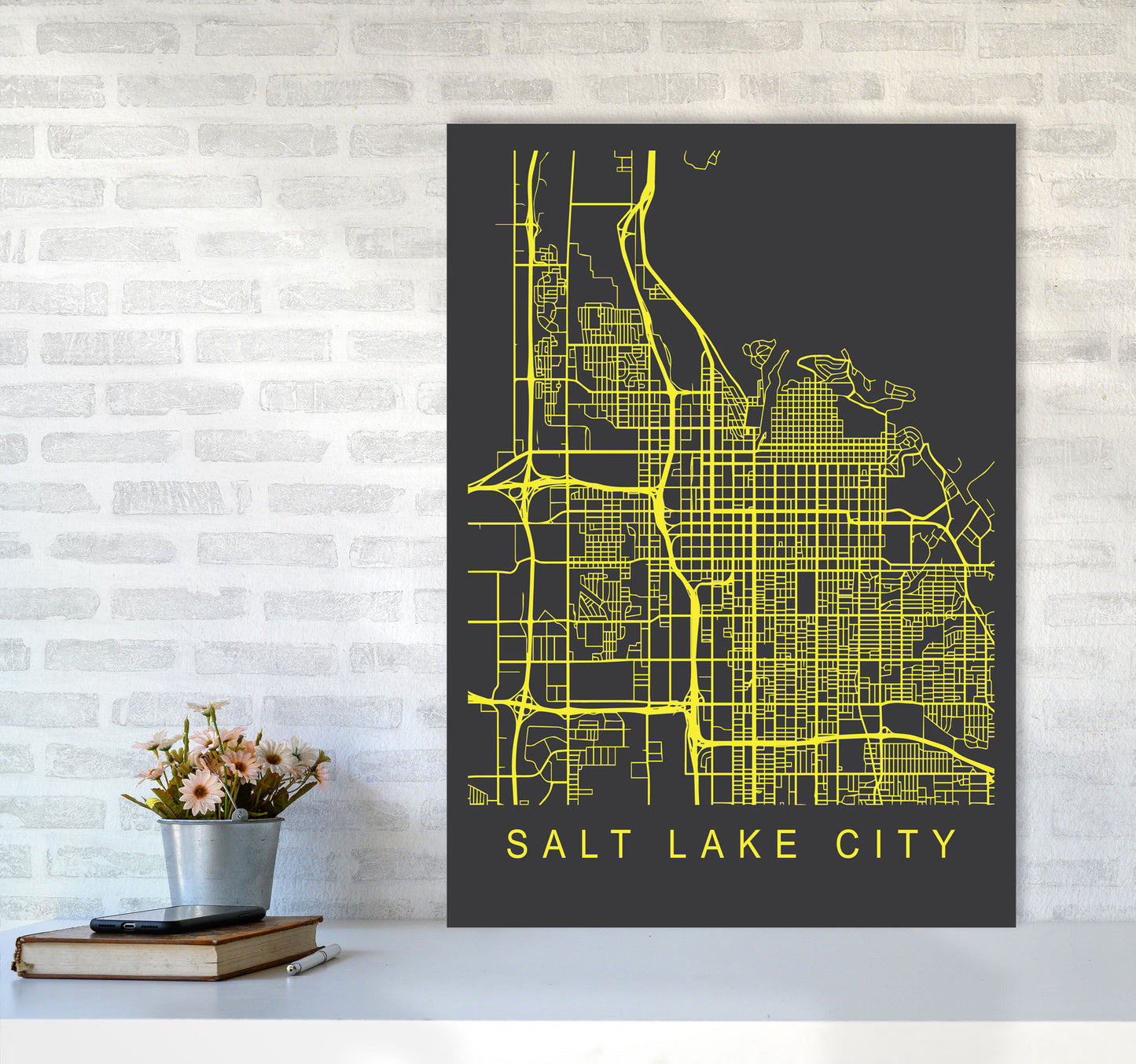 Salt Lake City Map Neon Art Print by Pixy Paper A1 Black Frame