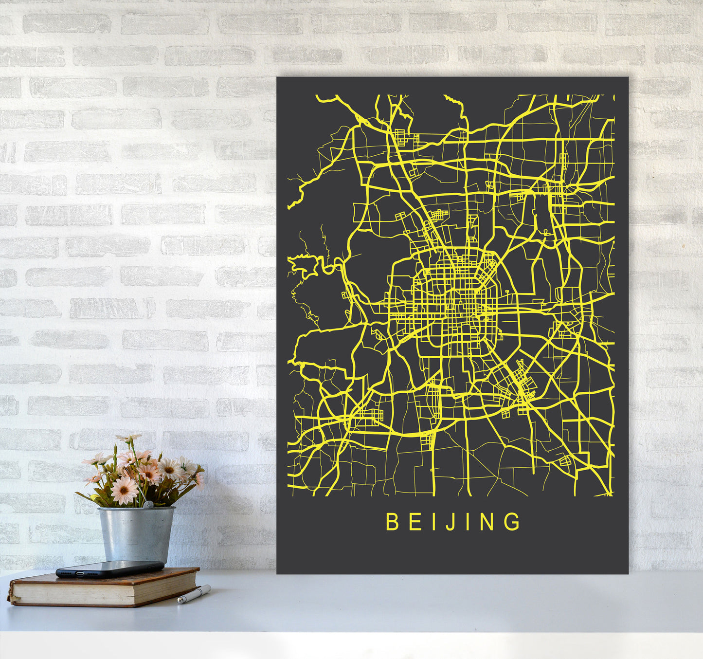 Beijing Map Neon Art Print by Pixy Paper A1 Black Frame