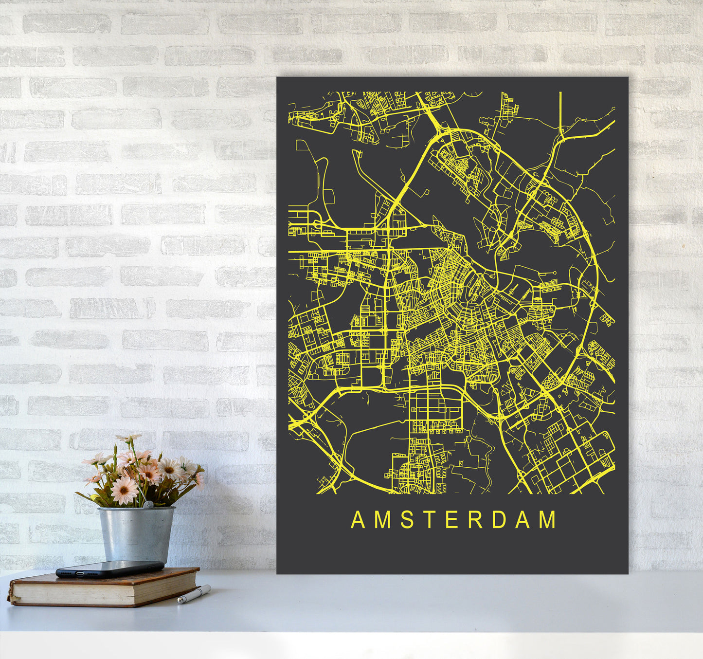 Amsterdam Map Neon Art Print by Pixy Paper A1 Black Frame