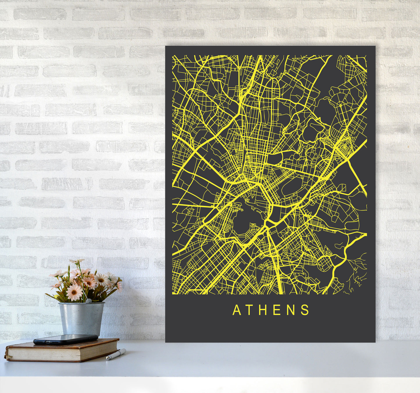 Athens Map Neon Art Print by Pixy Paper A1 Black Frame