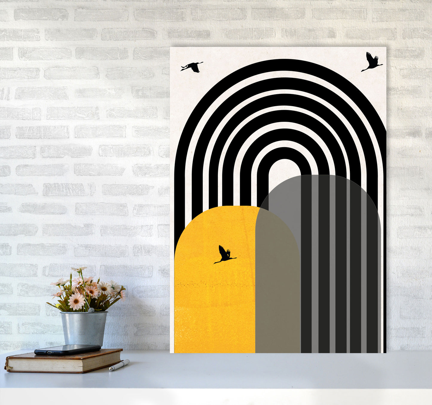 Giant rainbow with birds mustard Art Print by Pixy Paper A1 Black Frame