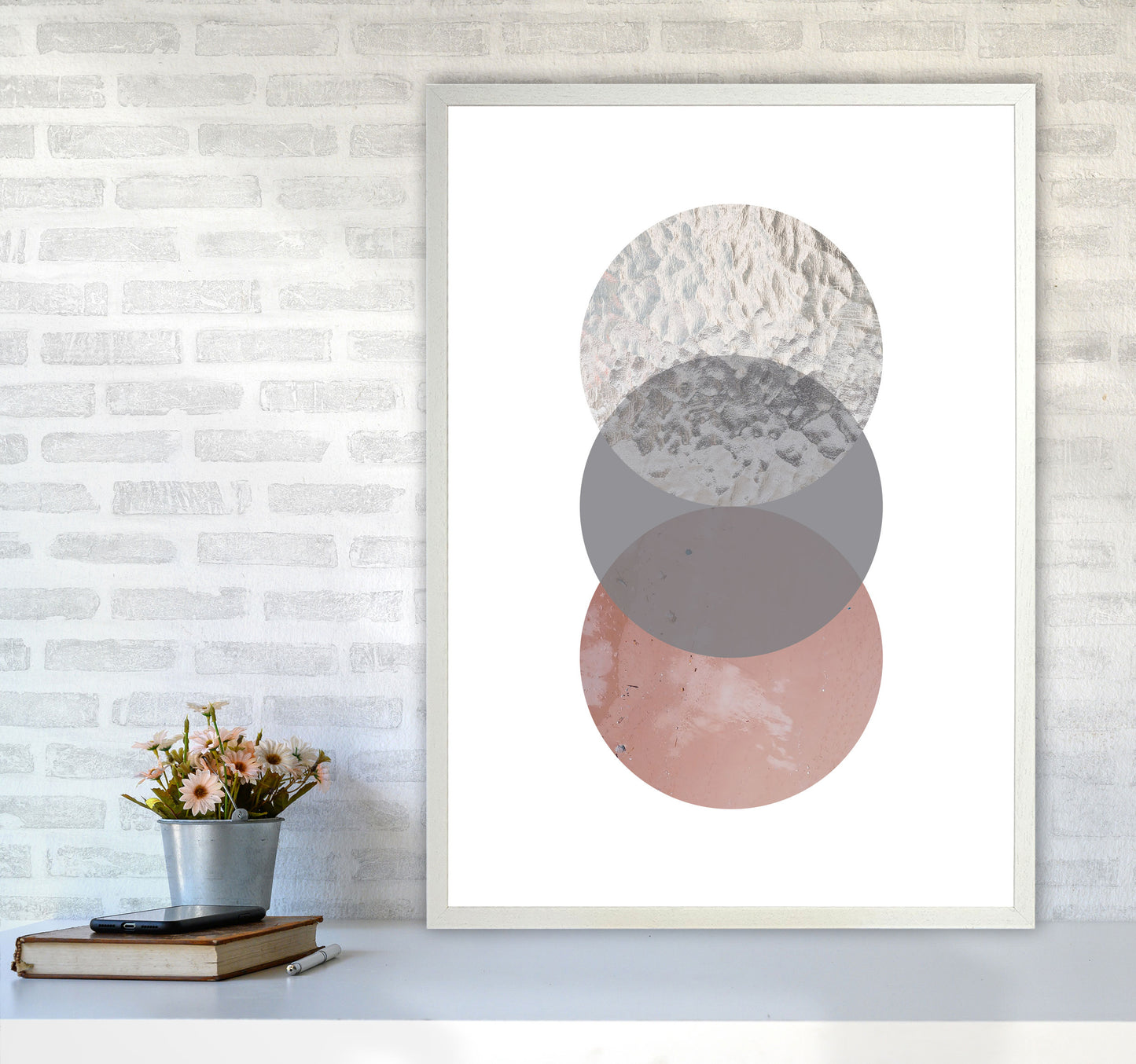 Peach, Sand And Glass Abstract Circles Modern Print A1 Oak Frame