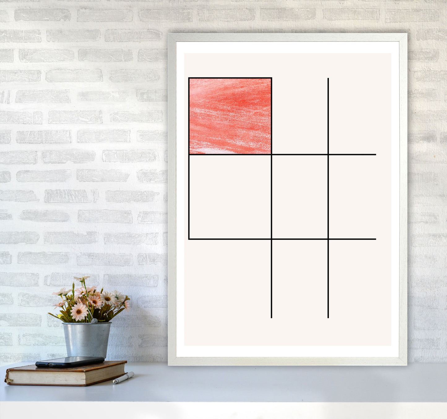 Abstract Red Crayon Geo 1 Modern Print A1 Oak Frame