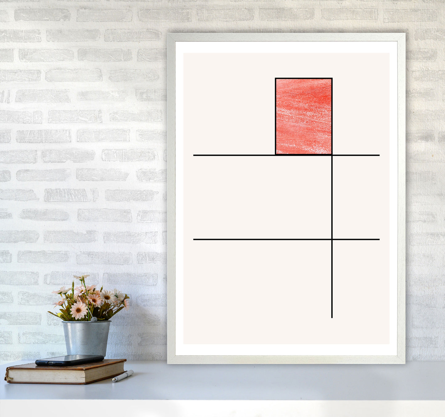 Abstract Red Crayon Geo 2 Modern Print A1 Oak Frame