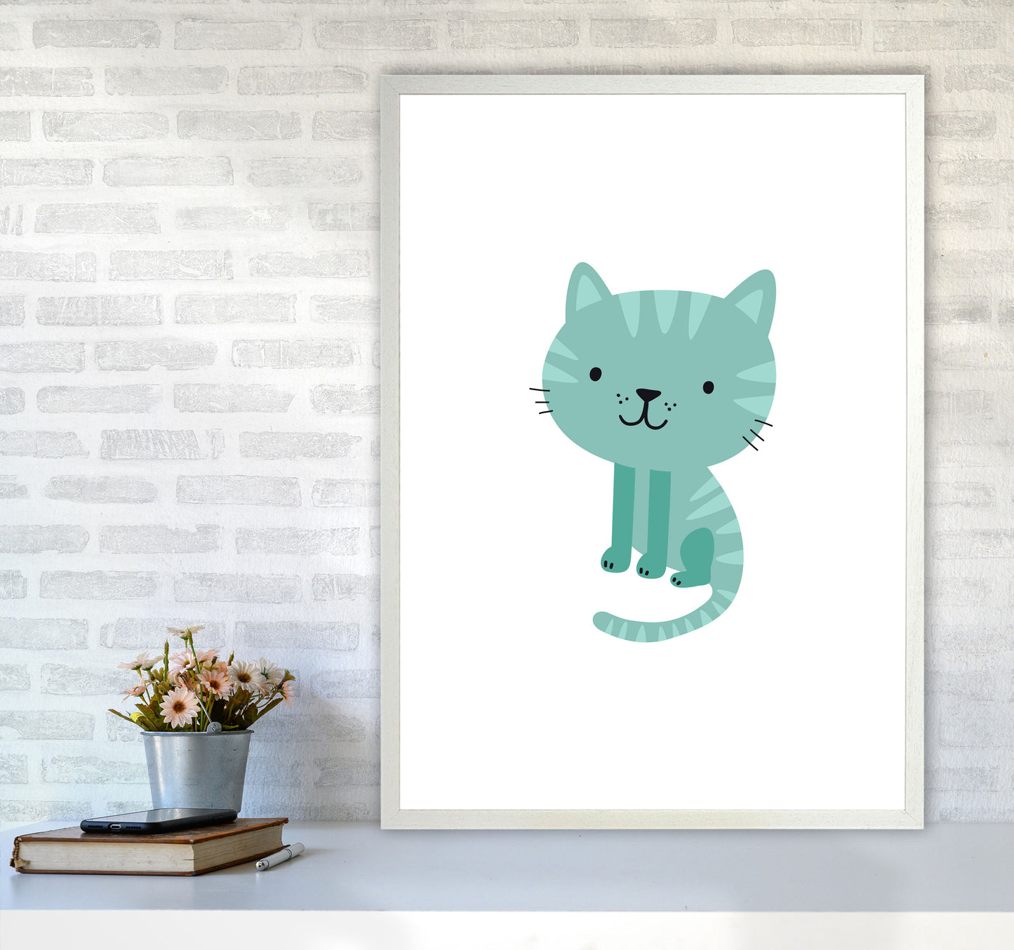 Children's Animals, Cat Modern Print A1 Oak Frame