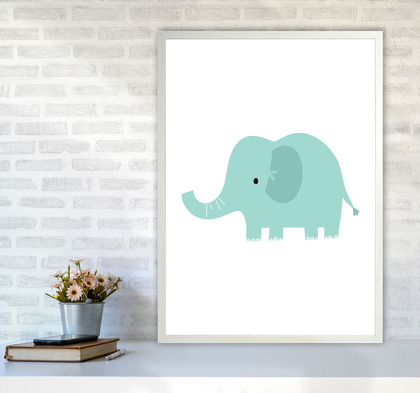 Children's Animals, Elephant Modern Print A1 Oak Frame