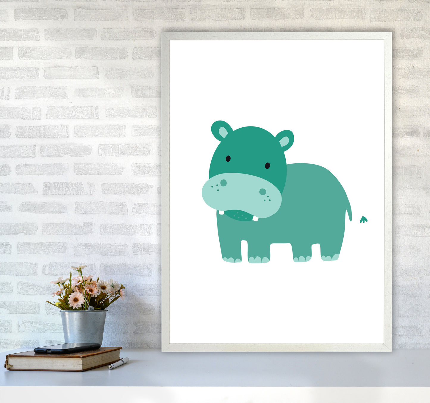 Children's Animals, Hippo Modern Print A1 Oak Frame